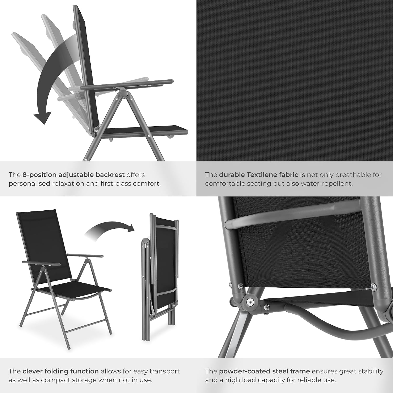 Detalle de tectake Marcellino trädgårdsstolar, 4-pack i aluminium med fällbar design
