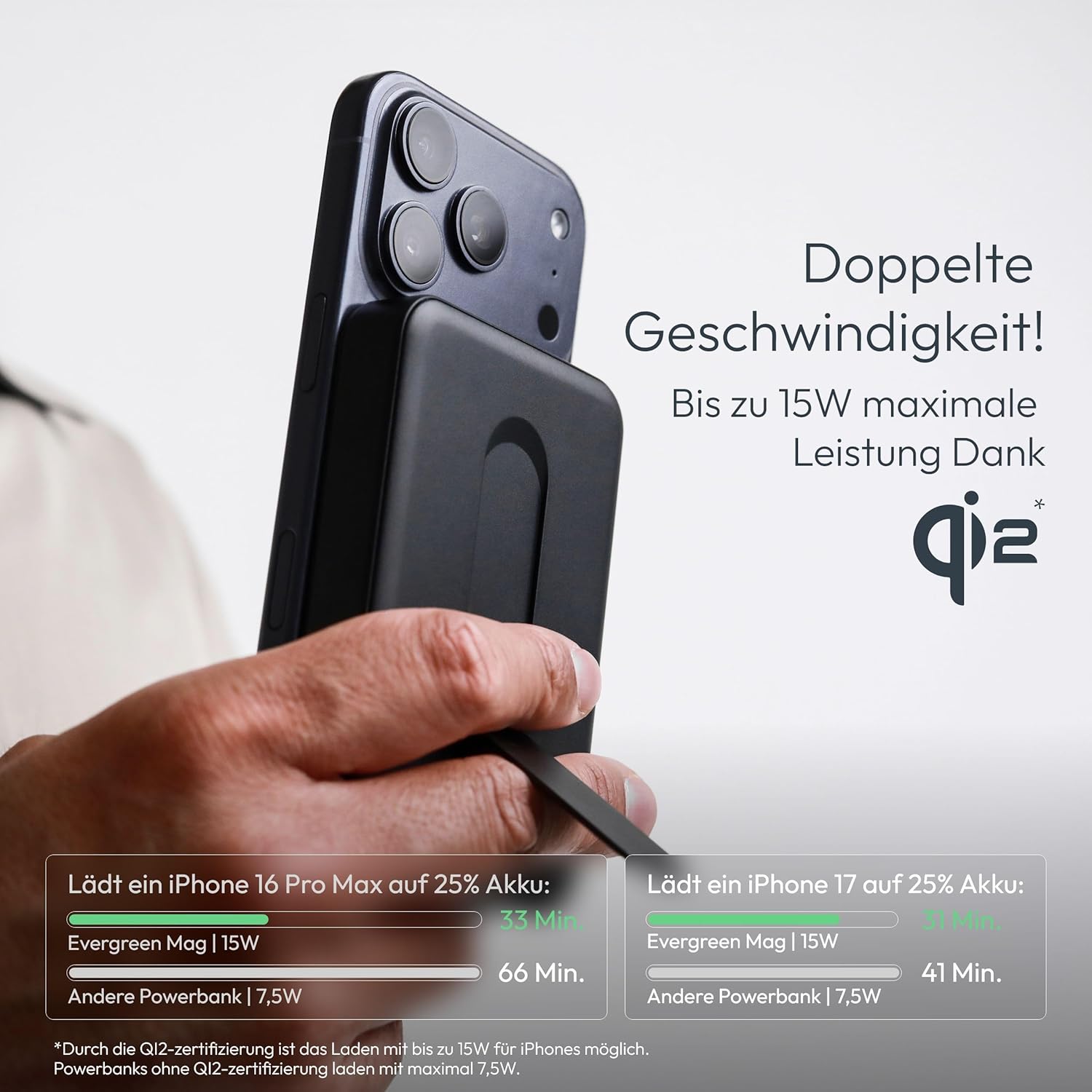 Detalle 2 de VONMÄHLEN Evergreen Mag con Kickstand: power bank magnetica da 10000 mAh con ricarica wireless 15 W per MagSafe