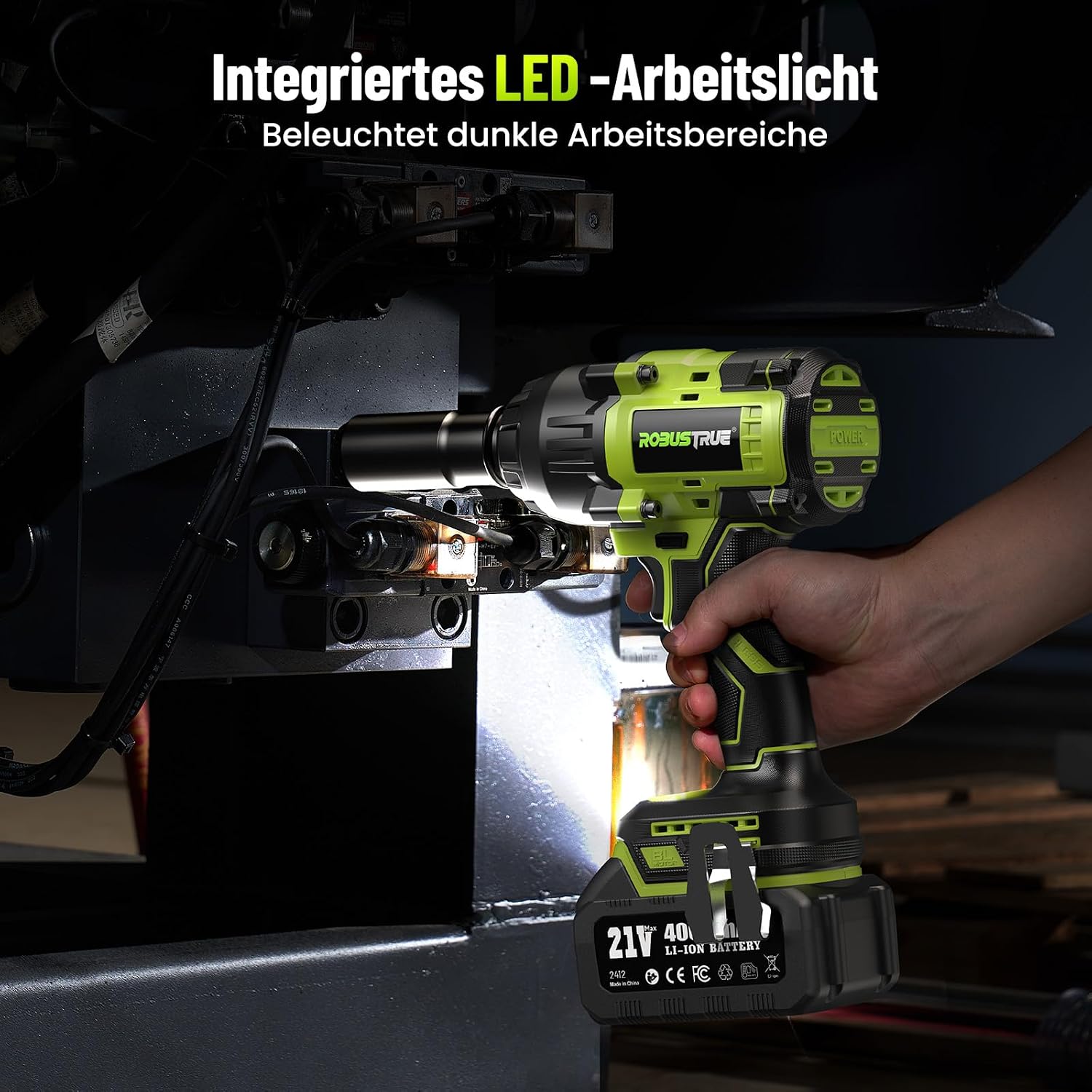 Detalle de Robustrue 1/2 Zoll Akku-Schlagschrauber mit bis zu 1600 N·m – 2×4,0 Ah, Schnellladegerät und Zubehör