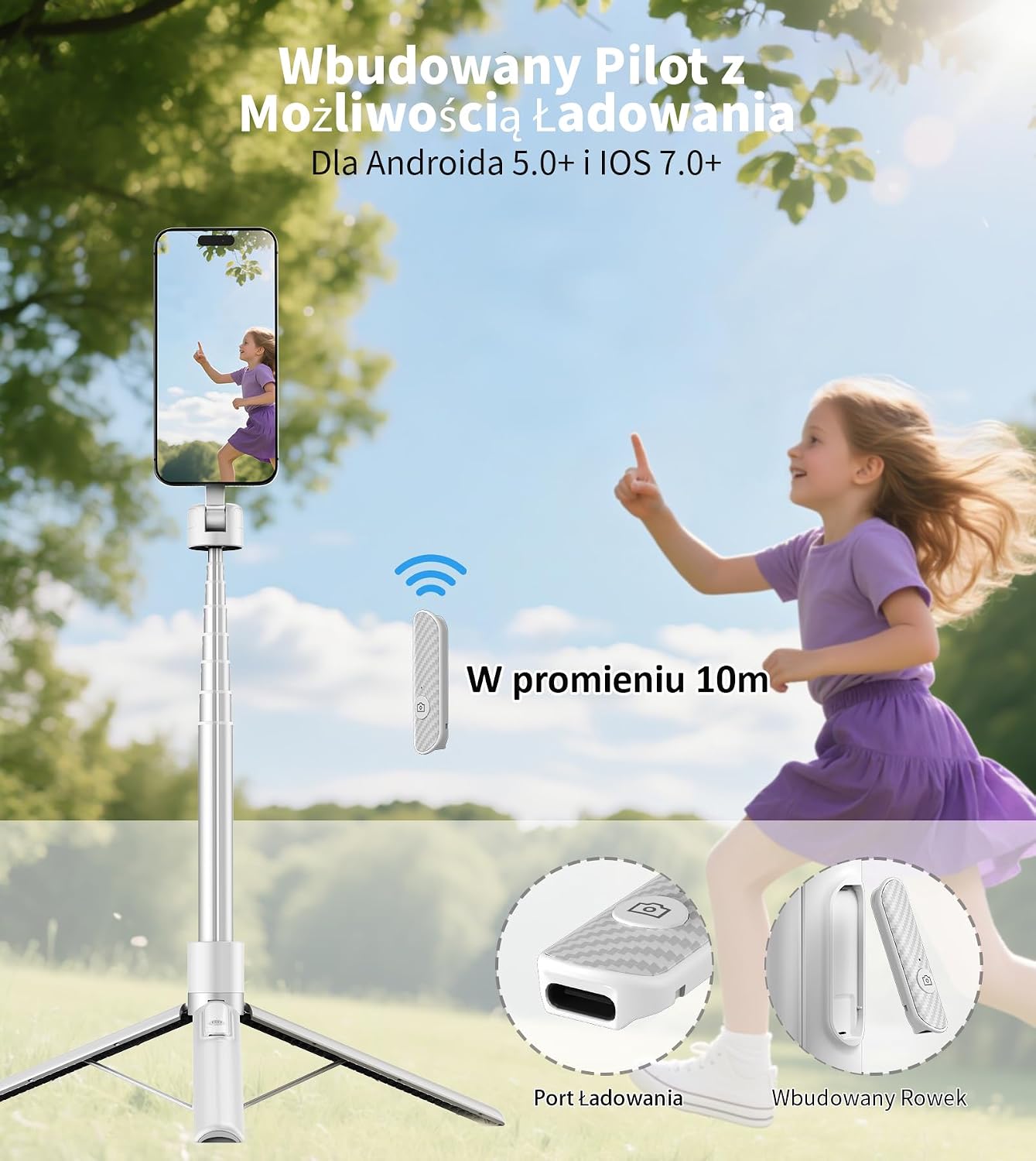 Detalle de TONEOF CX609 magnetyczny statyw do selfie 173 cm, MagSafe, pilot, biały