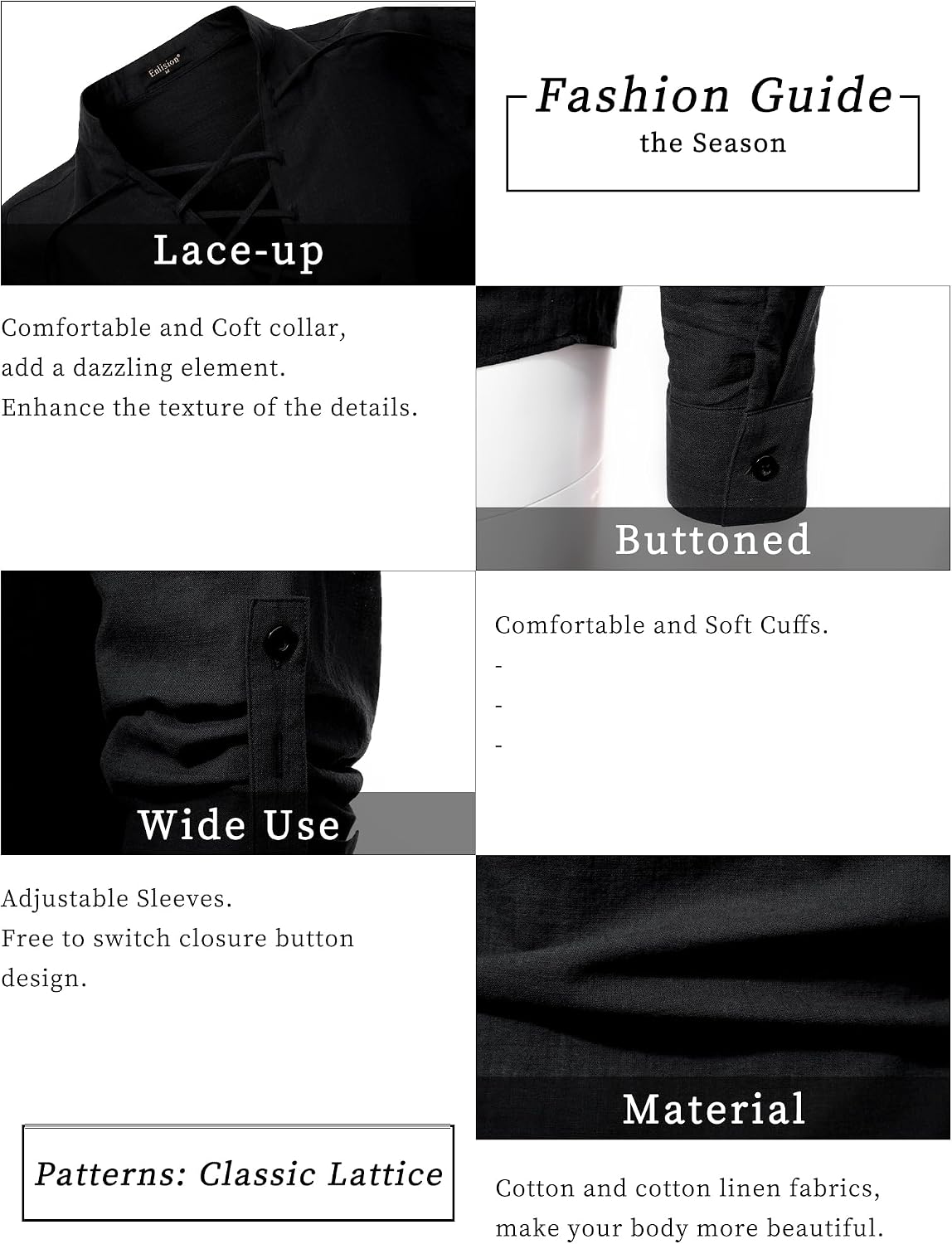 Detalle 1 de Enlision Leinenhemd Herren Langarm – Medievaler Look mit Kordelzug, 70% Baumwolle/30% Leinen