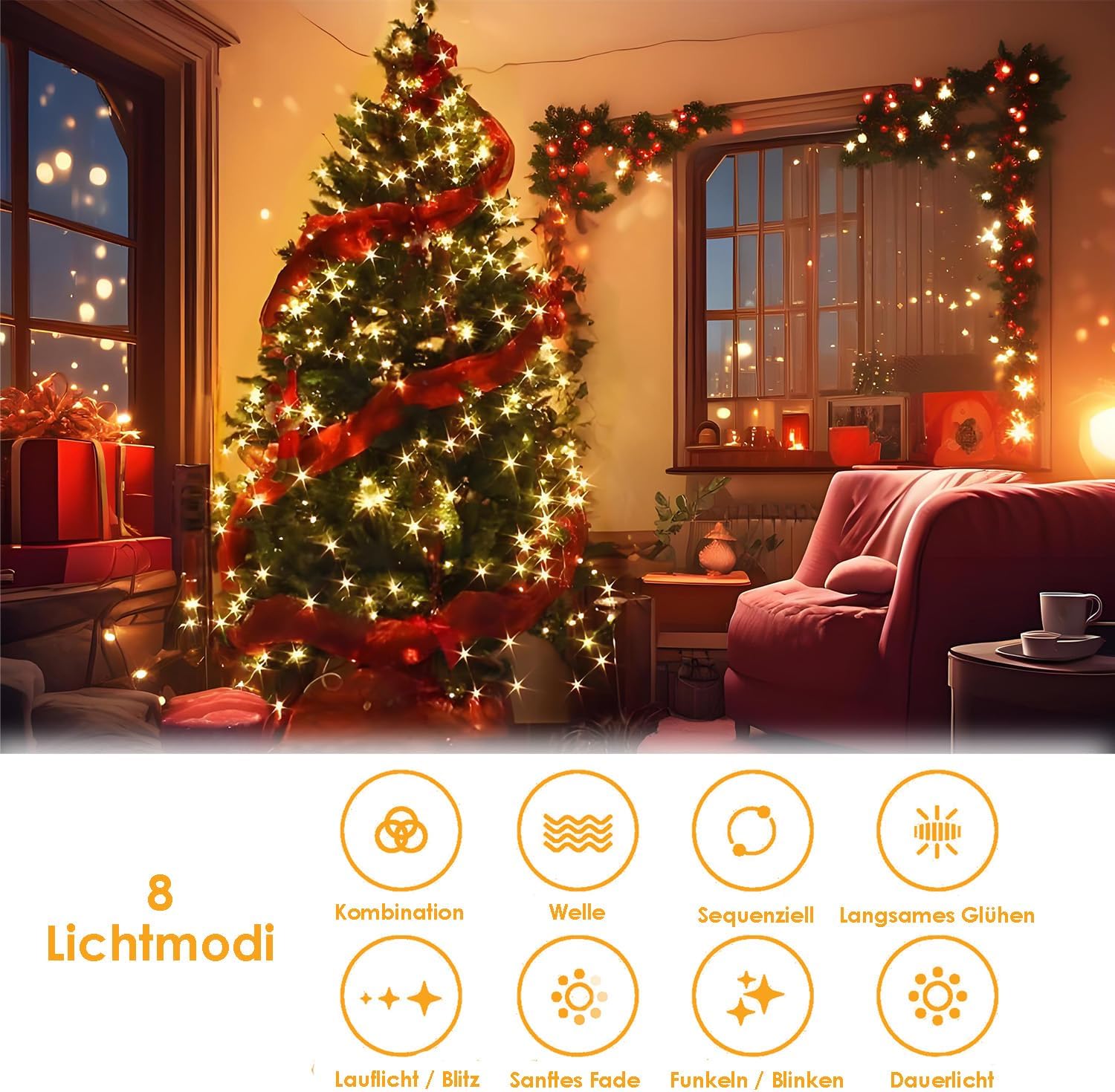 Thumbnail 3 de YJY LIGHT Lichterkette Außen 25 m mit 200 LEDs, warmweiß, IP44, 8 Modi & Timer