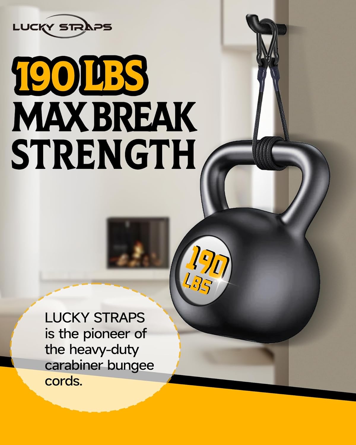 LuckyStraps 96'' Heavy Duty Carabiner Bungee Cords (2-Pack) with Locking Hooks, Black