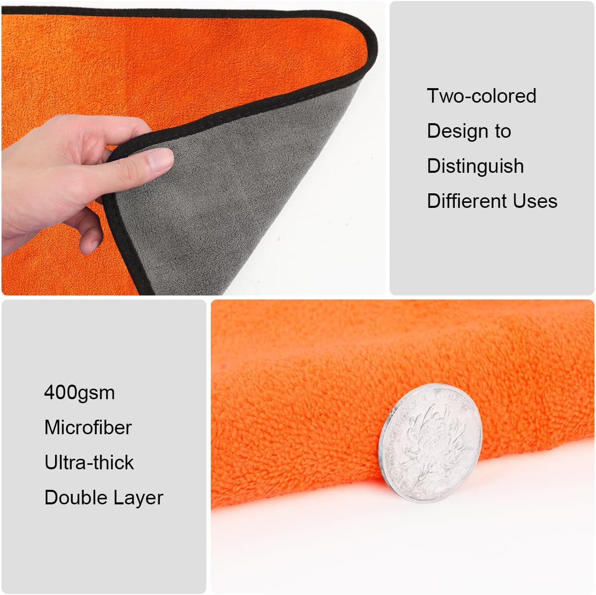 Thumbnail 2 de URAQT Mikrofasertücher Auto 6er-Set (400 GSM) – fusselfreie Reinigungstücher für Auto, Haushalt, Küche & Fenster, 60×40 cm (Orange/Grau)