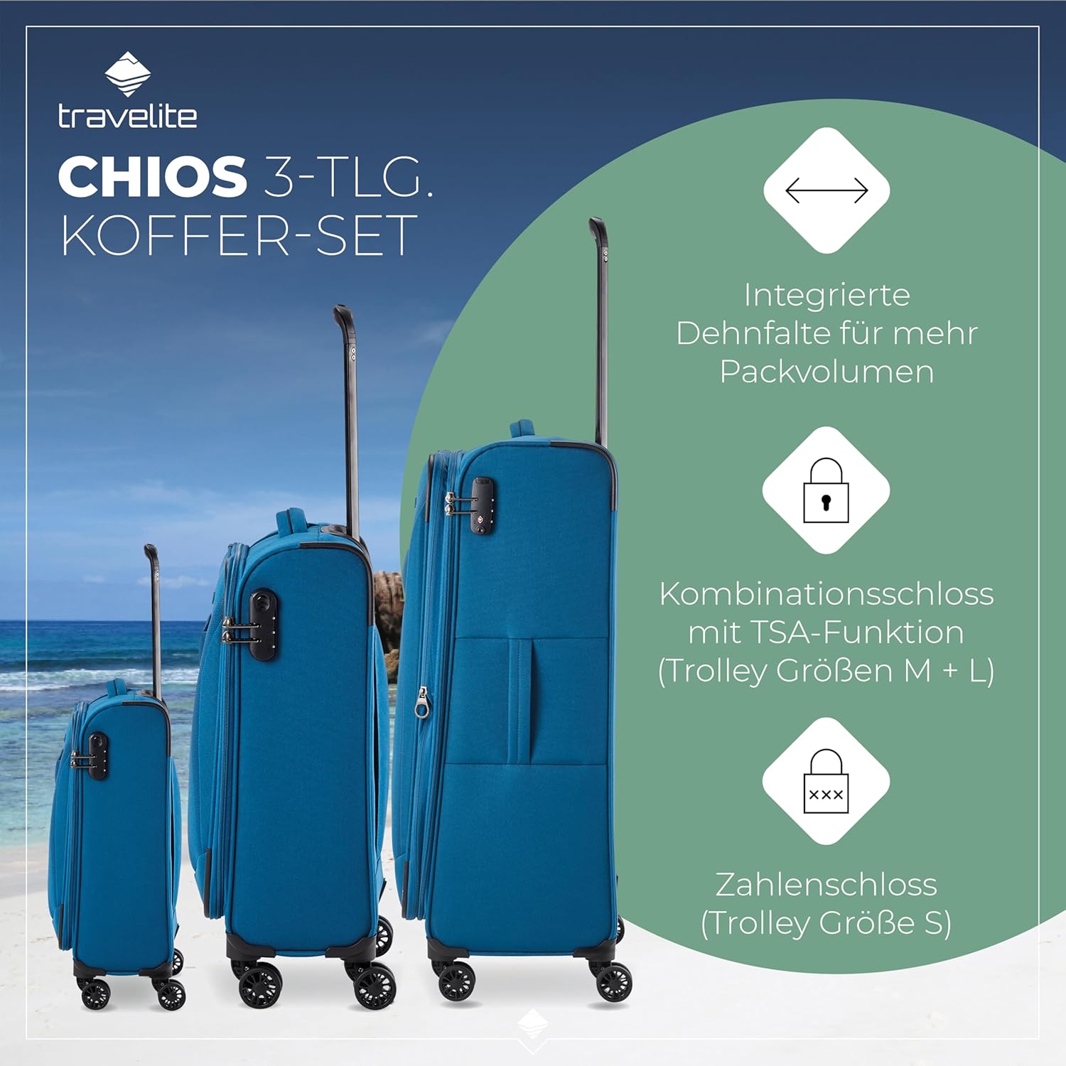 Detalle 2 de travelite CHIOS 4-Rad Trolley-Set Weichschale (L/M/S) – zeitloser Handgepäck-tauglicher Reisebegleiter