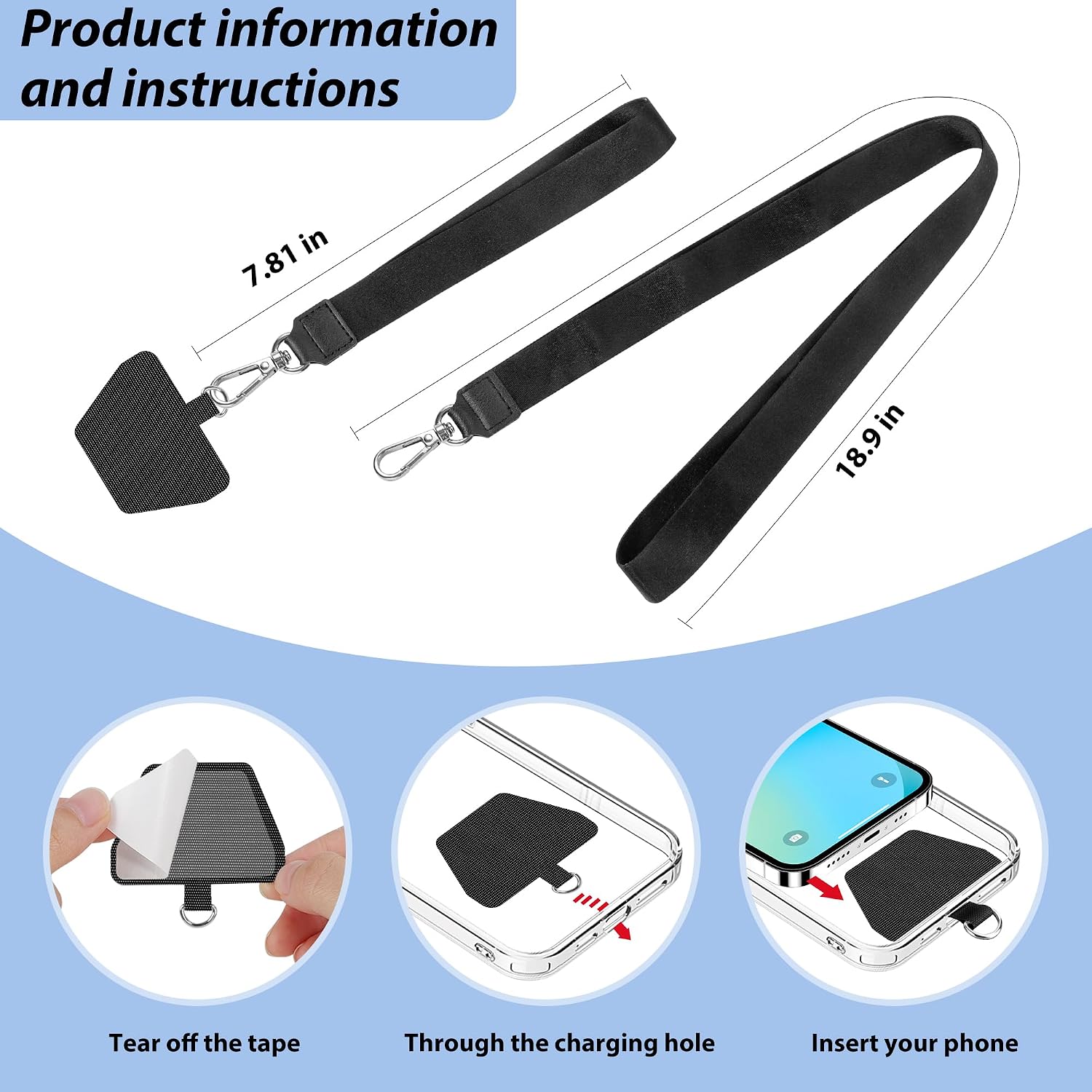 Detalle de takyu Mobile Phone Lanyard for Keys – 2-Piece Neck Strap and Wrist Tether, Universal Phone Case Anchor (Black)