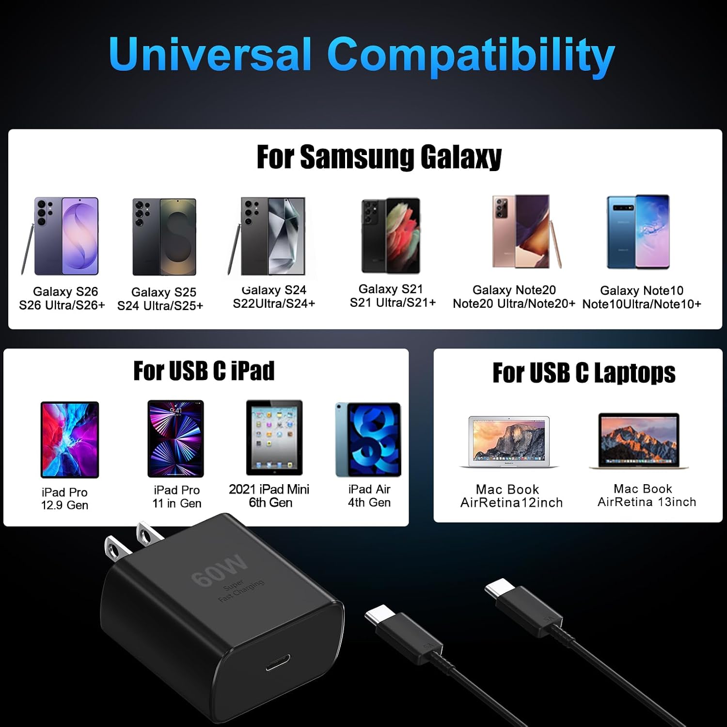 Detalle de 60W Super Fast Charger USB C with 10ft Cable for Samsung Galaxy S22-S26 Series