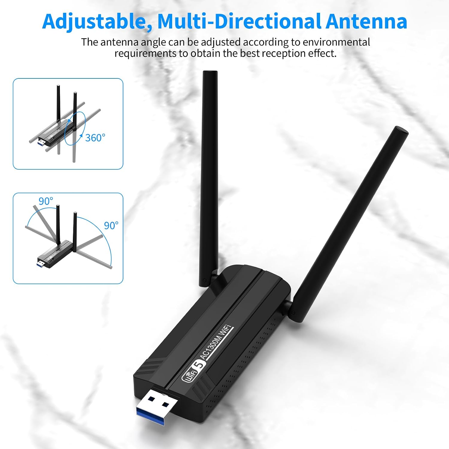 Detalle de USB WLAN Stick Adapter für PC – 1300 Mbps, USB 3.0, Dual Band 2.4/5.8 GHz mit 2x5 dBi Antennen
