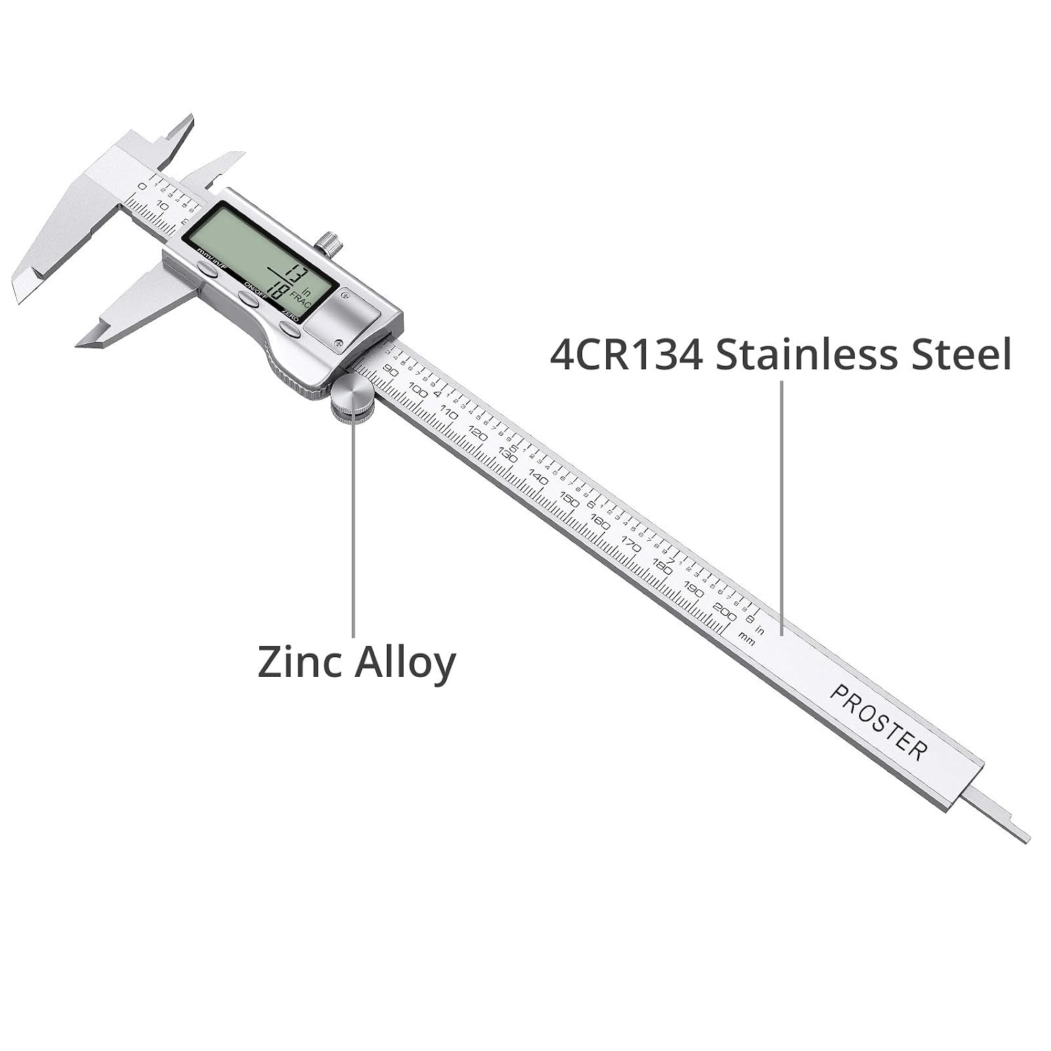 Detalle 2 de Proster Digital Vernier Caliper, 8 Inch/200 mm Stainless Steel, Fractional Readout