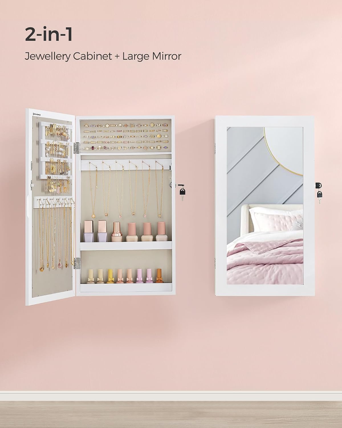 Detalle de SONGMICS JJC051W02 wall-mounted jewellery cabinet with mirror and lock