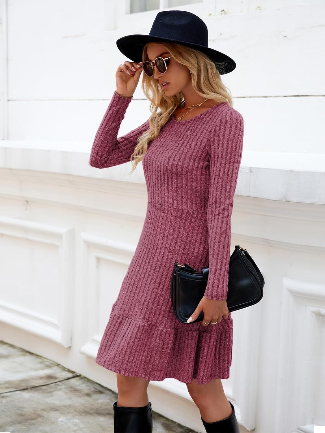 Thumbnail 2 de Zetieny Strickkleid für Damen mit A-Linien-Schnitt und Rundhalsausschnitt – Langarm, knielang für Herbst/Winter