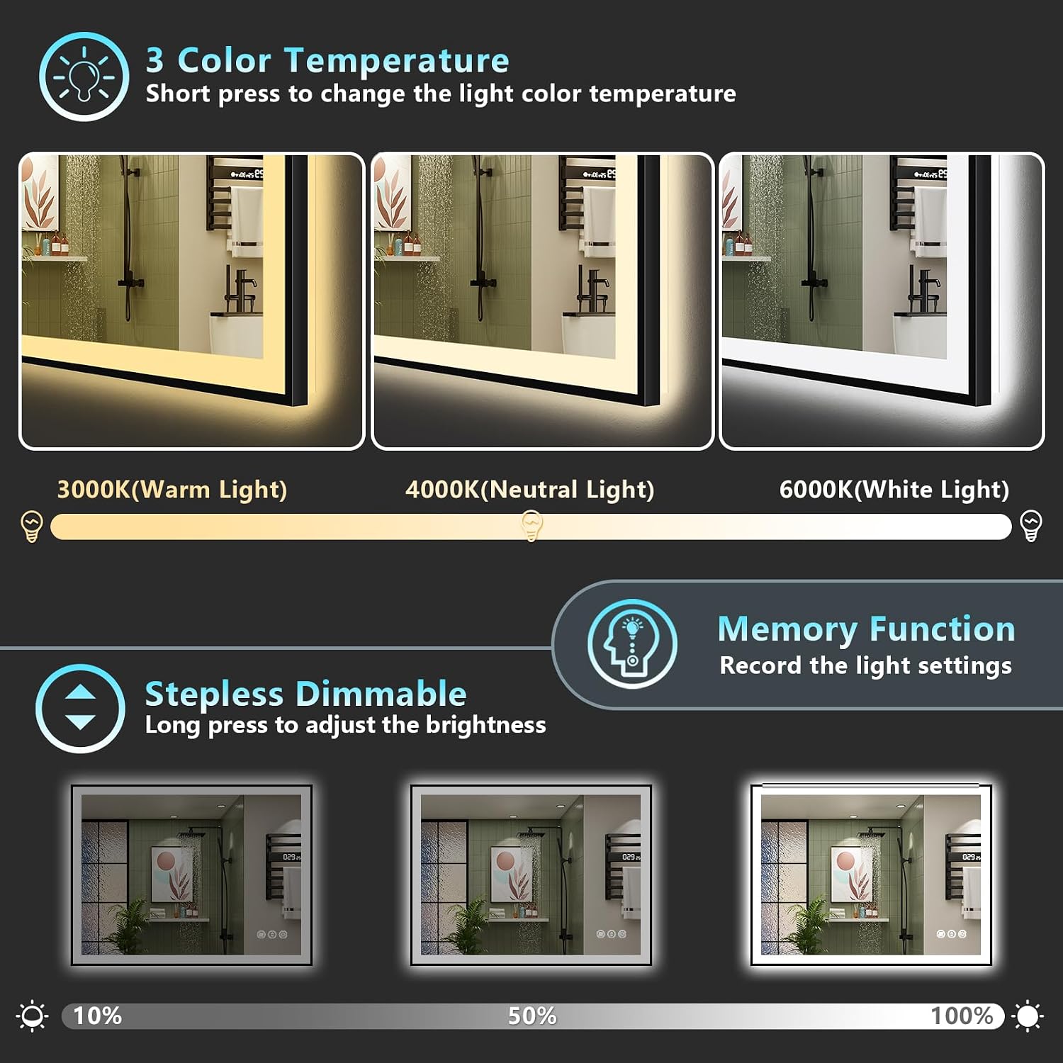 Detalle de AWANDEE 40x36 Black Framed LED Bathroom Mirror with Lights (Anti-Fog, Dimmable, Memory)