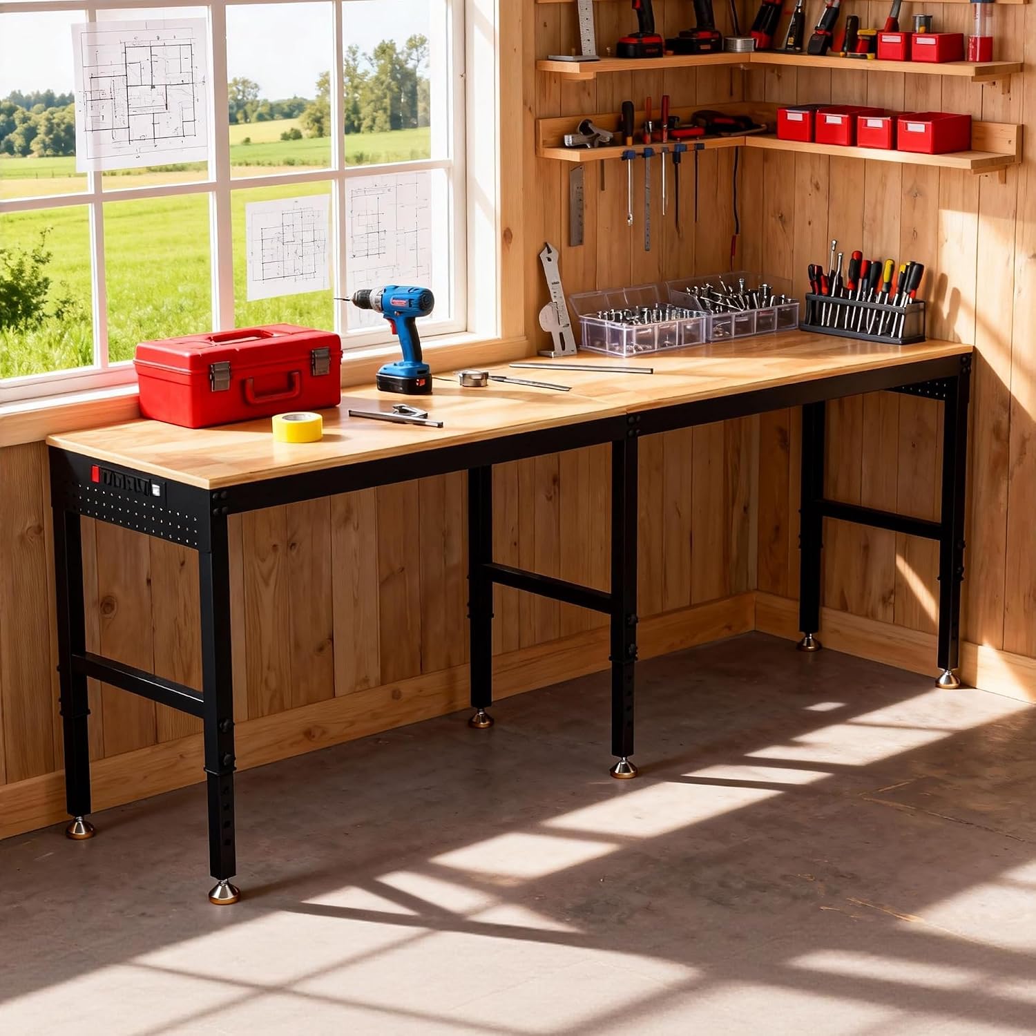 Detalle 2 de Betterhood 001 Convertible Adjustable Workbench, 96-Inch Rubber Wood Top