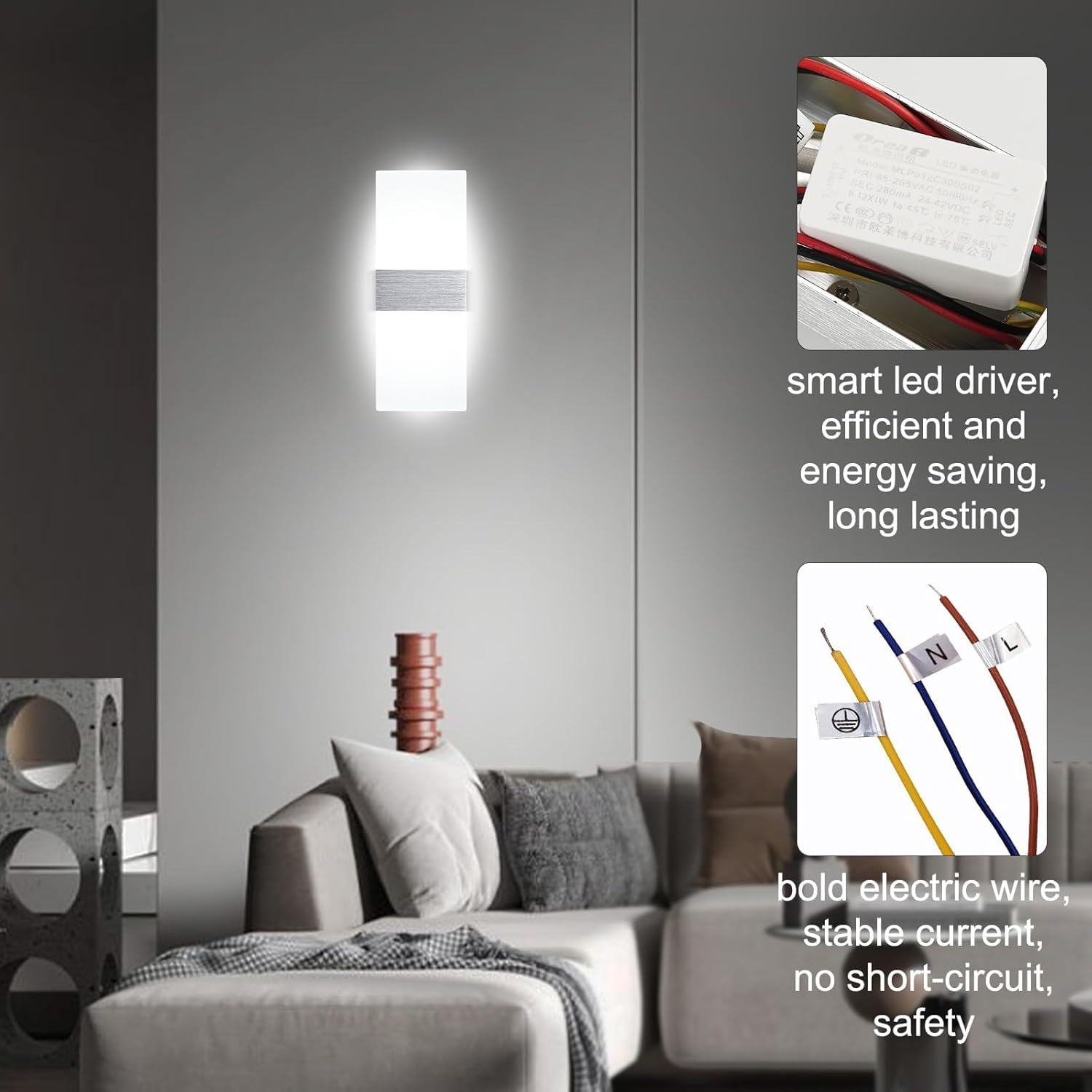 Detalle 2 de Lightsjoy 12W LED Wandlampe Innen – klare, blendfreie Beleuchtung für Flur, Wohnzimmer und Schlafzimmer