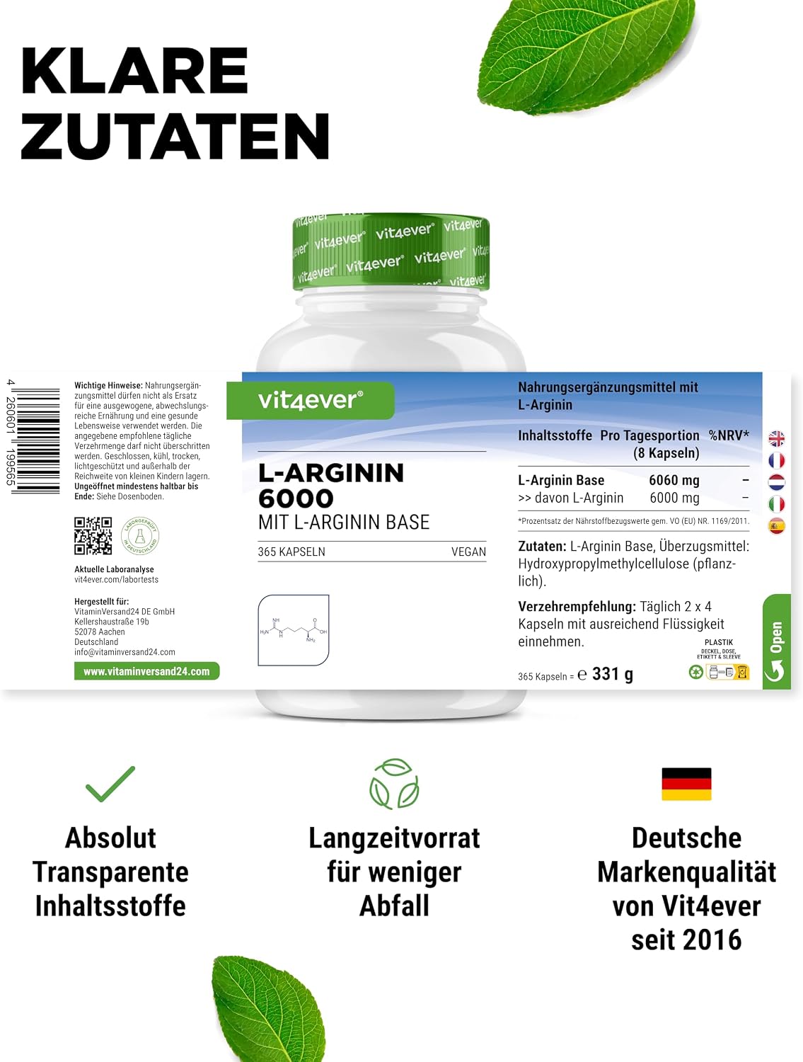 Detalle de vit4ever L-Arginin 6000 mg – 365 Kapseln (reines L-Arginin Base, vegan)