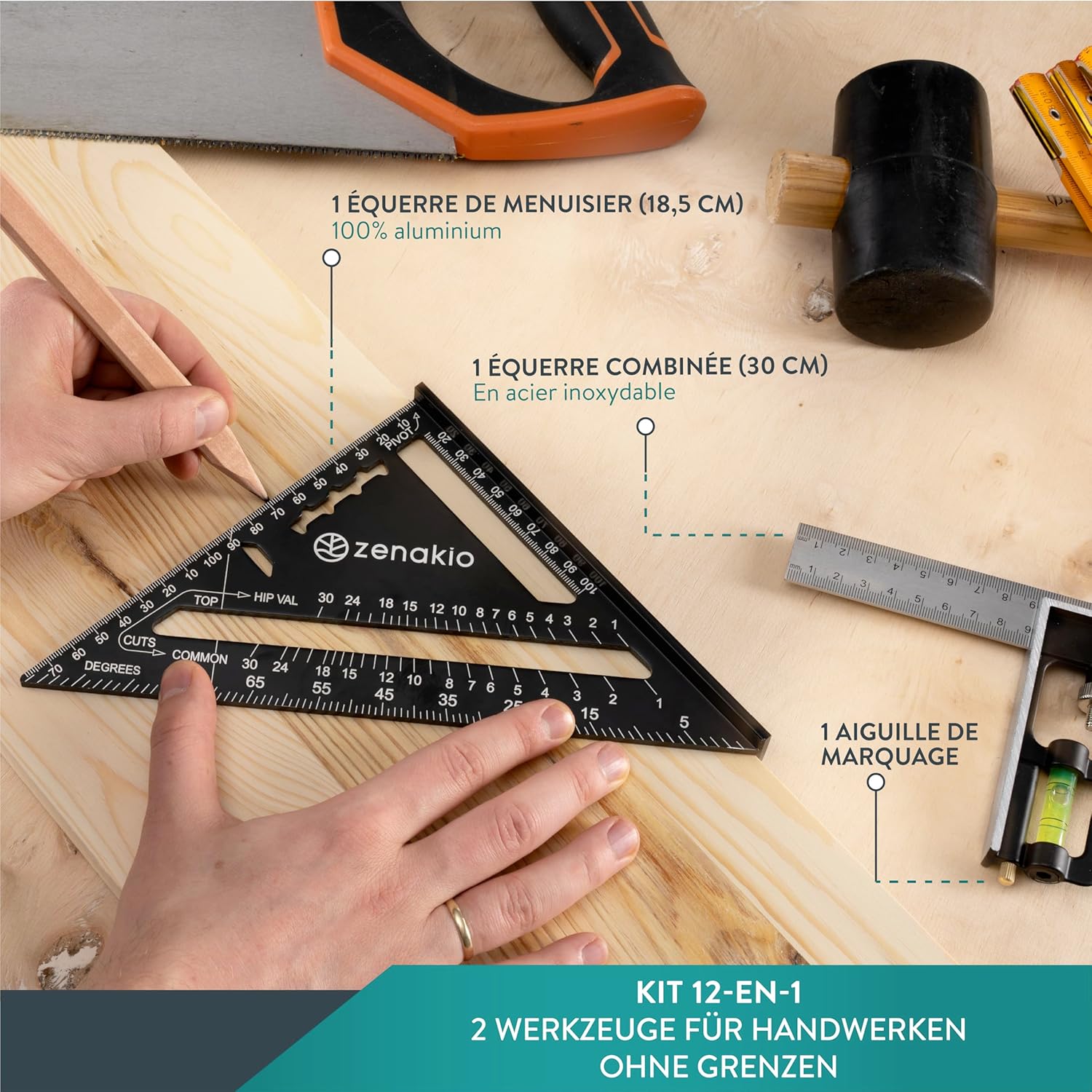 Thumbnail 1 de ZENAKIO Zimmermannswinkel 12-in-1 Set (2-teilig) mit Anschlagwinkel – Metall-Schreinerwinkel 185 mm + Schmiege/Anreißwerkzeug 300 mm