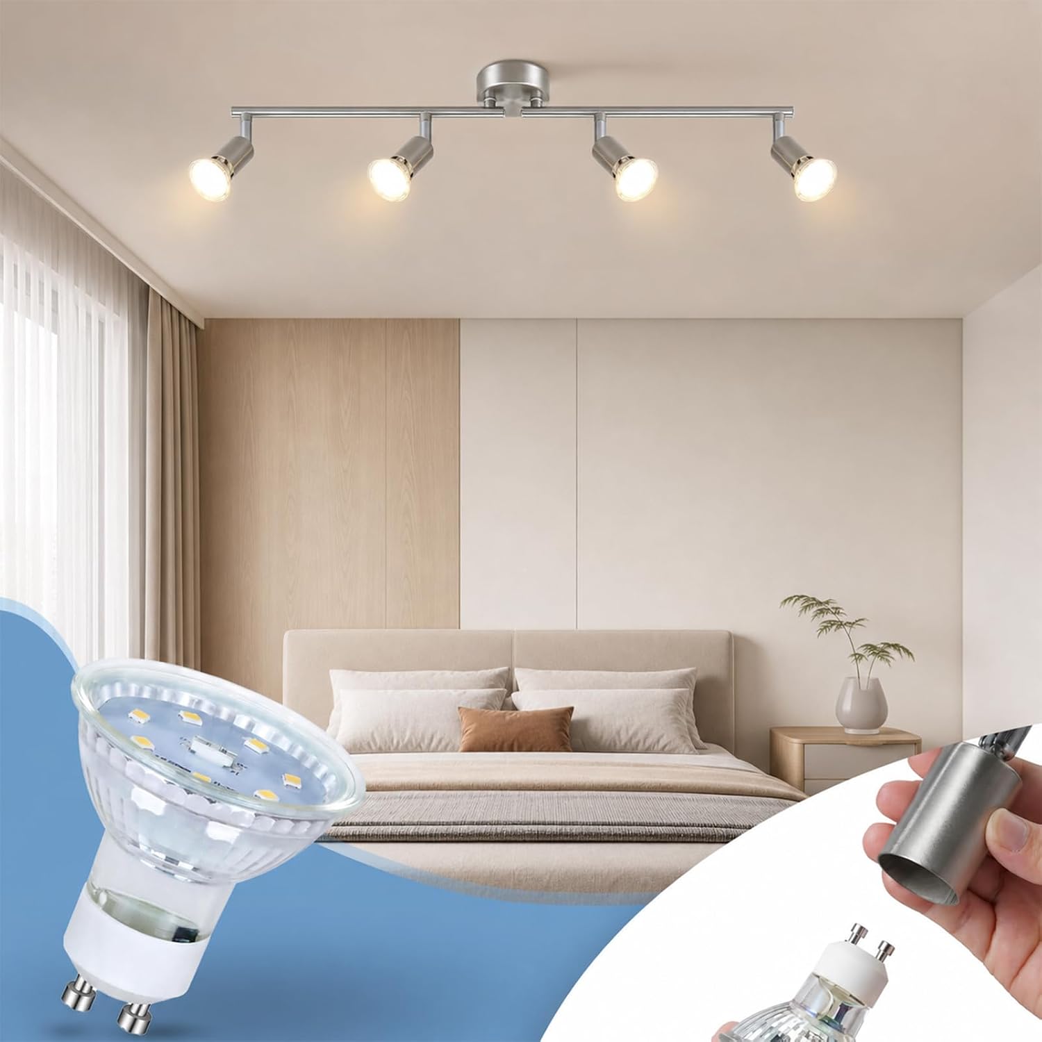 Detalle de Glitzerlife LED Deckenstrahler 4-flammig – Deckenleuchte mit schwenkbarem Kopf, GU10-kompatibel (Ohne Leuchtmittel)