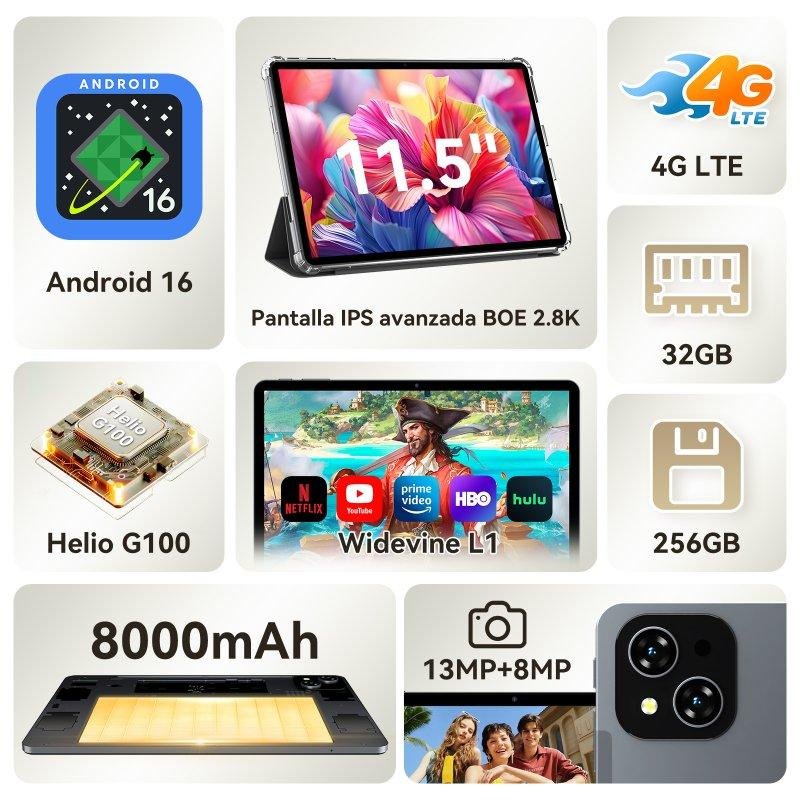 Detalle 2 de Tableta ExcitPower T12 Pro WiFi + 4G 11,5 pulgadas, 8GB/256GB, gris con teclado y stylus