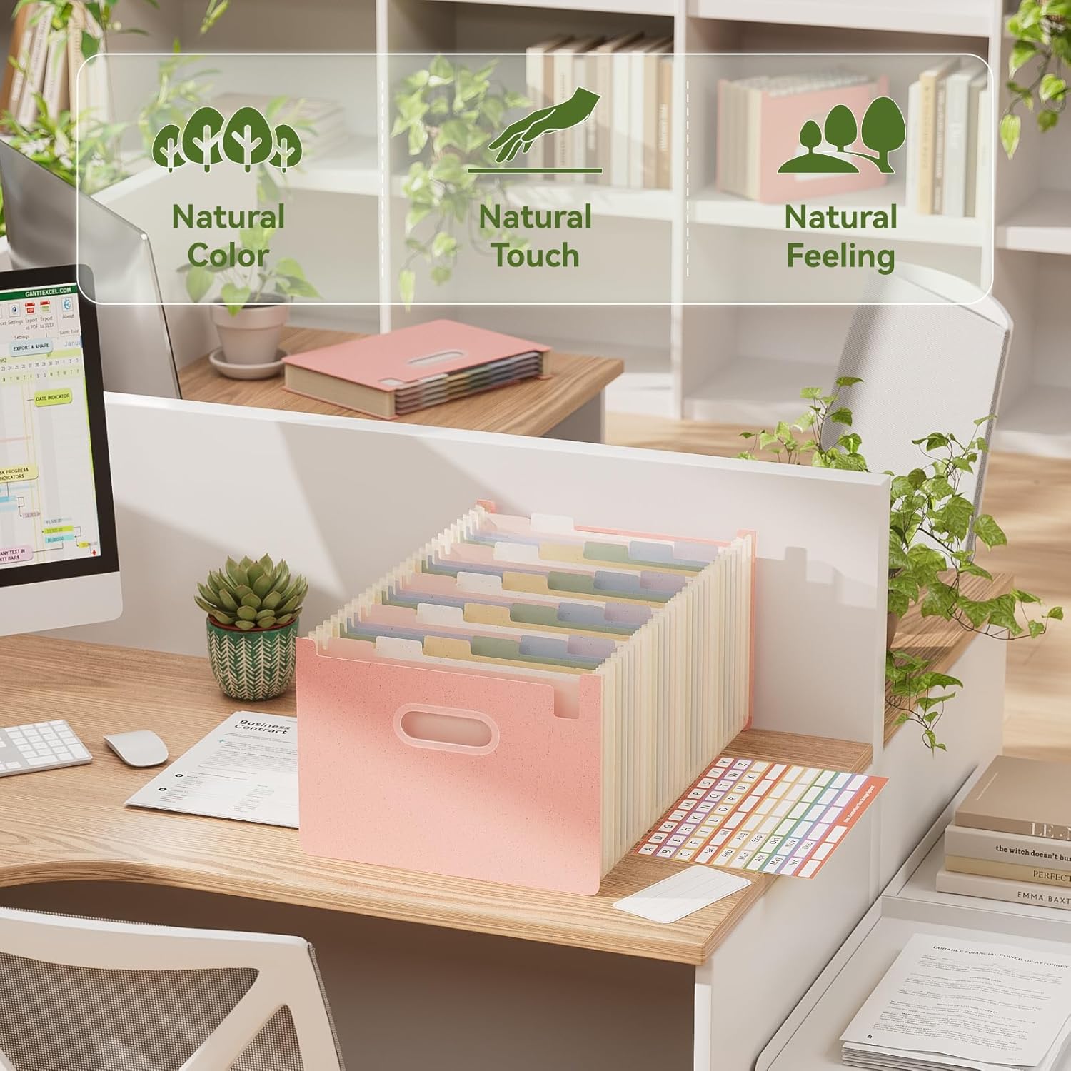 Detalle de EcoStash 26-Pocket A4 Wheat Straw Accordion File Organiser (Open Top) – BPA Free, Strawberry Pink