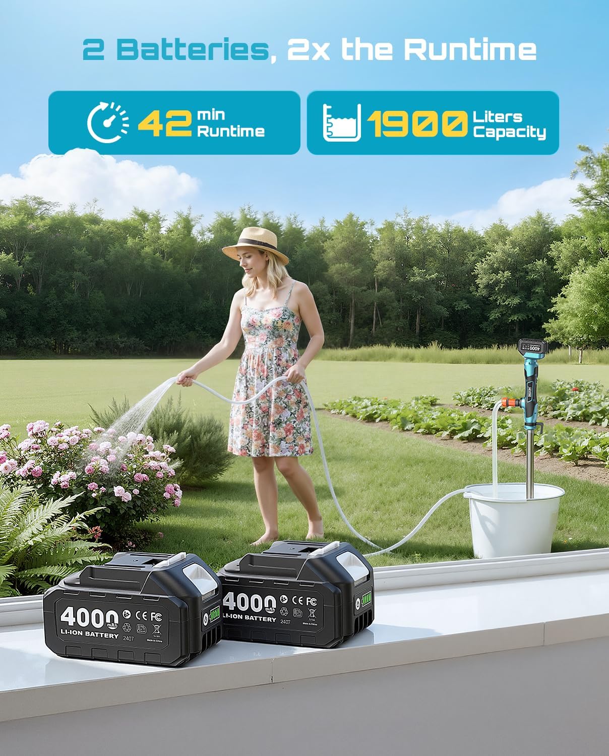 Detalle de SEESII Cordless Stick Water Transfer Pump with Tripod Stand – 2725 L/h, 10m Lift, 2x 4.0Ah Batteries