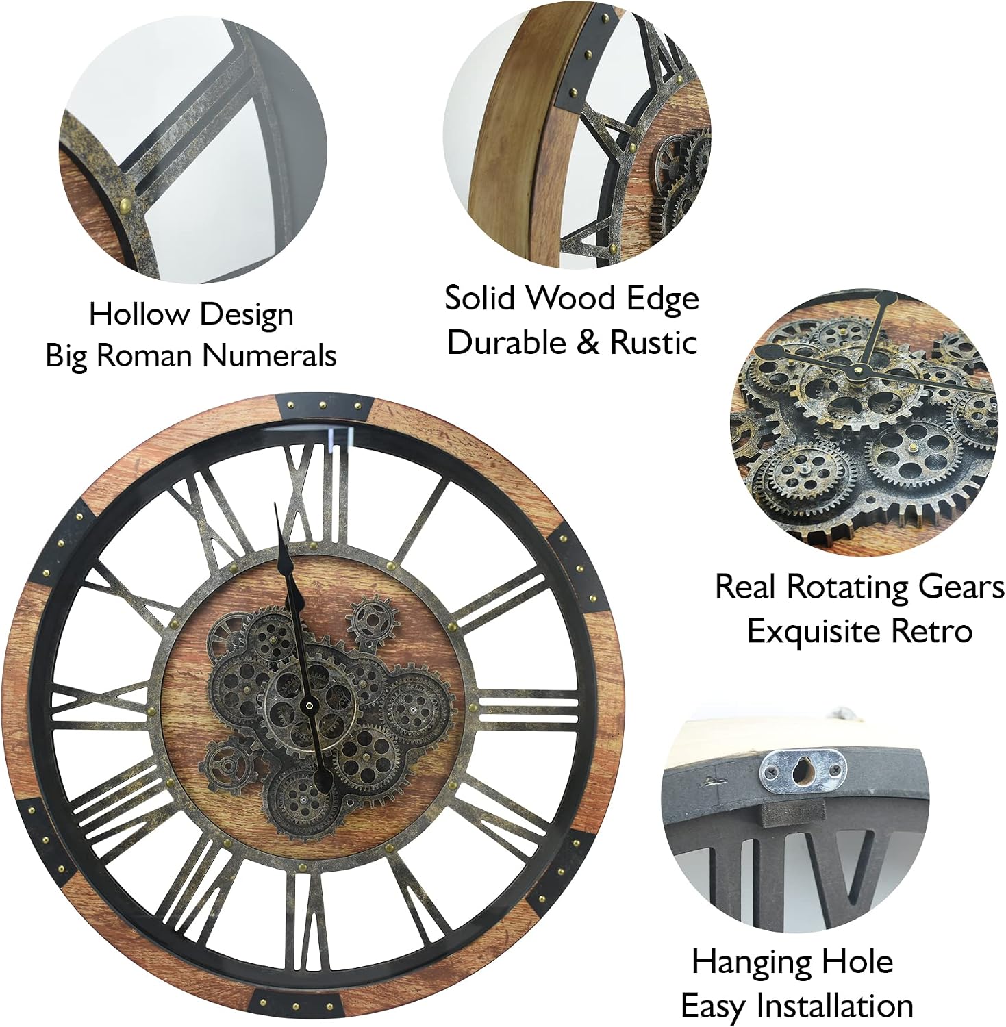 Detalle de DORBOKER DOR2026 24-Inch Moving-Gear Wooden Wall Clock, Brown