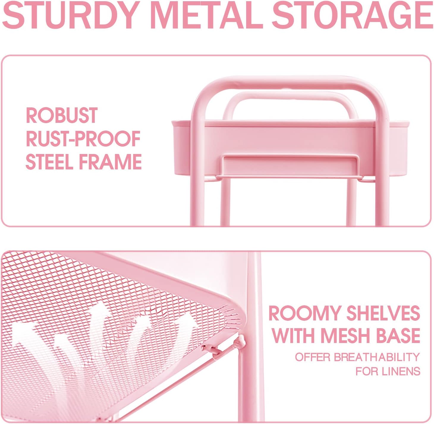 Detalle de TOOLF RY131218 3-Tier Metal Rolling Cart, Pink, Tool-Free Assembly
