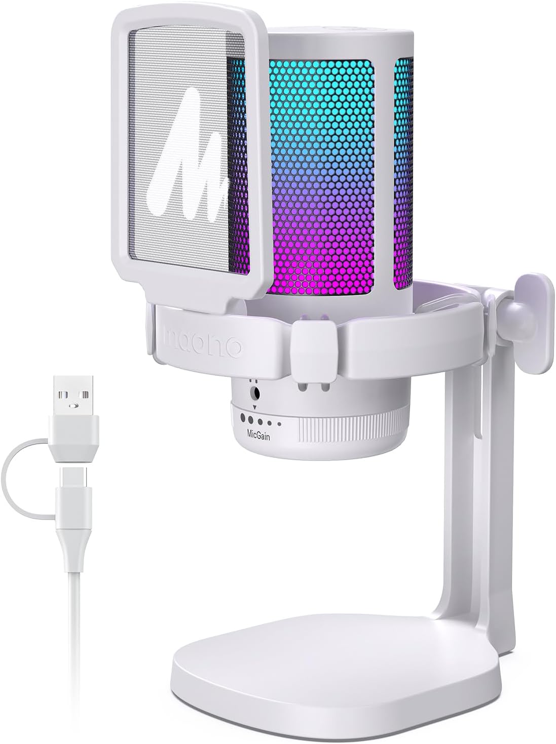 Detalle de MAONO DMG20 White USB Condenser Microphone with RGB and Noise Cancellation