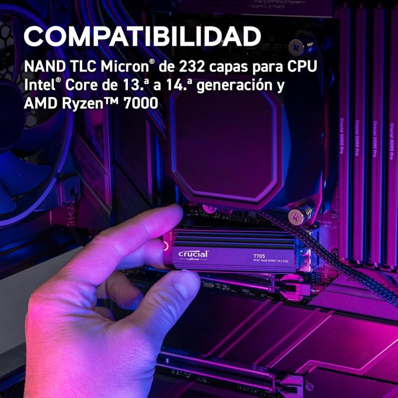 Detalle 2 de Crucial T705 2TB M.2 PCIe Gen5 NVMe con Disipador: rendimiento Gen5 para gaming y IA