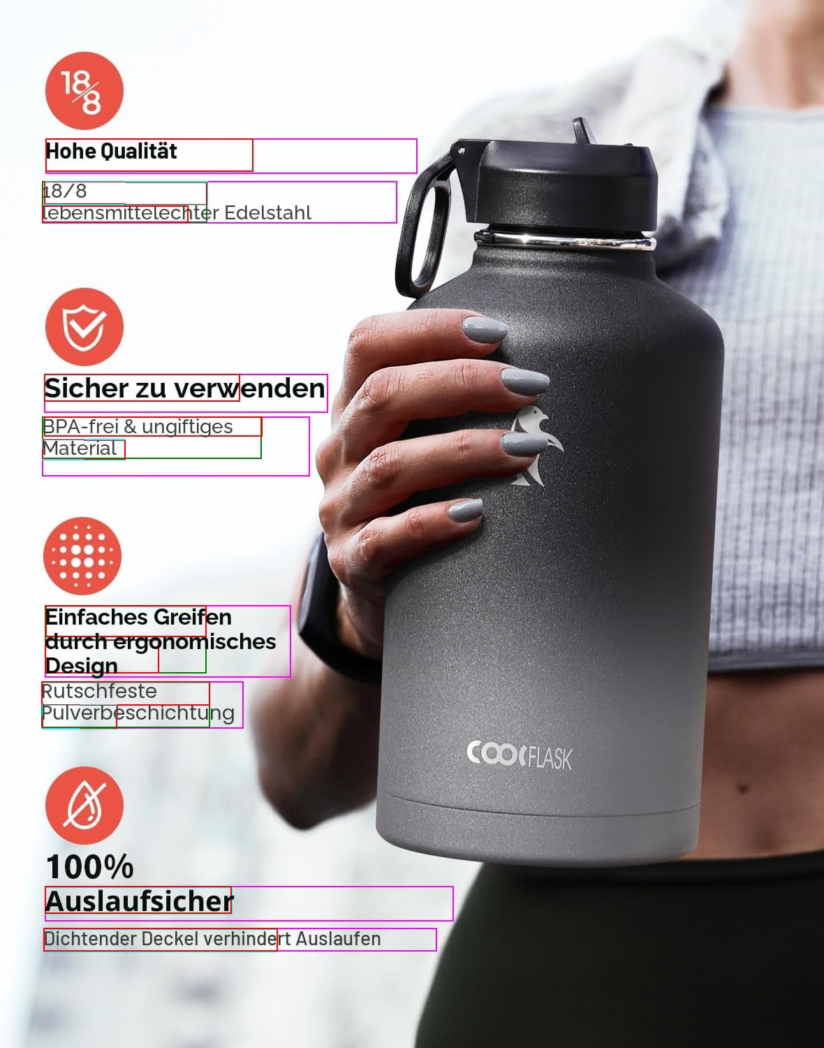 Detalle de Coolflask Isolierte Wasserflasche 2L – 3 Deckel, Edelstahl 18/8, Doppelwandig, Auslaufsicher