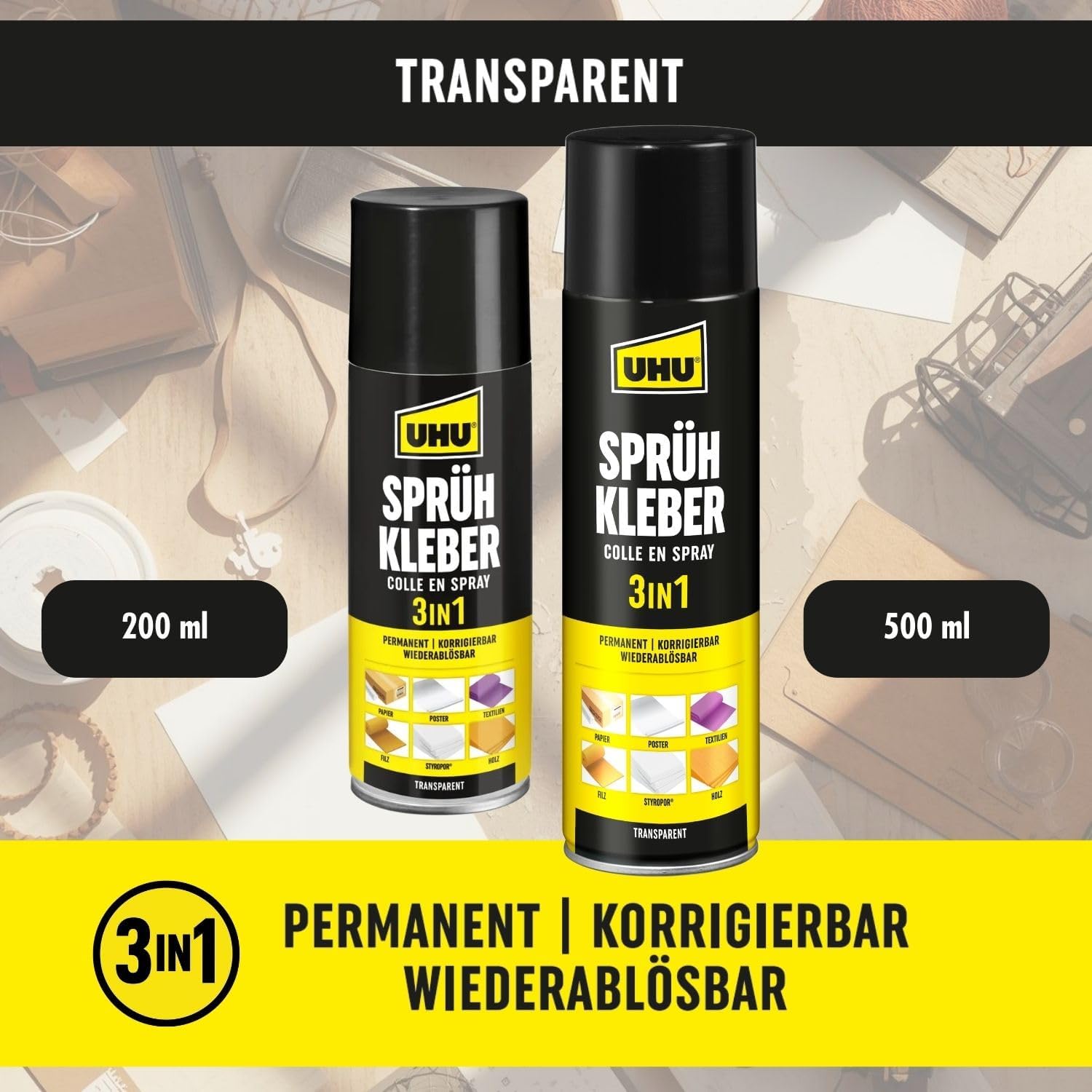 Thumbnail 2 de Uhu 48900 Sprühkleber 3 in 1 Permanent – Korrigierbar und Wiederablösbar, 200 ml