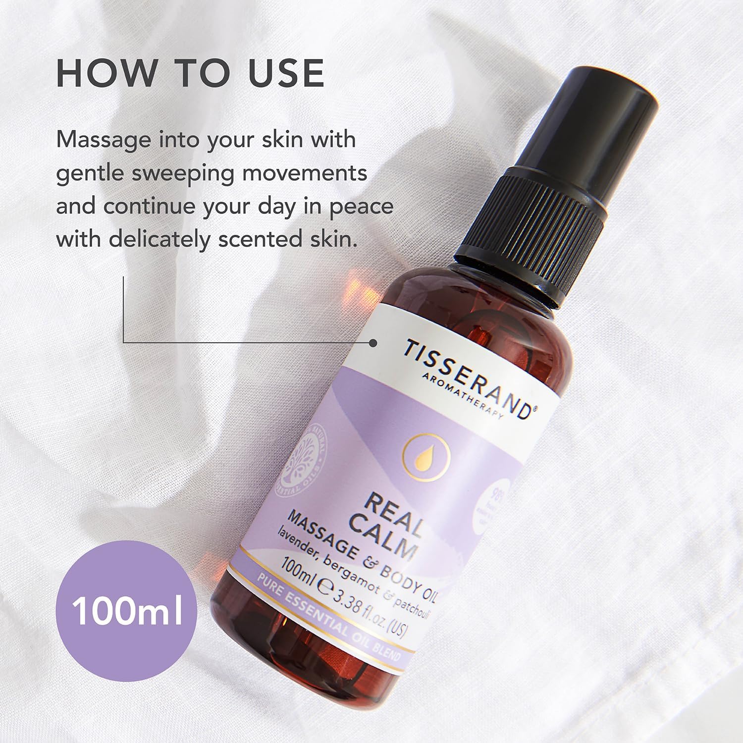 Detalle 2 de Tisserand Real Calm Massage & Body Oil: 100% Pure Essential Oil Blend (Lavender, Bergamot & Patchouli) 100ml