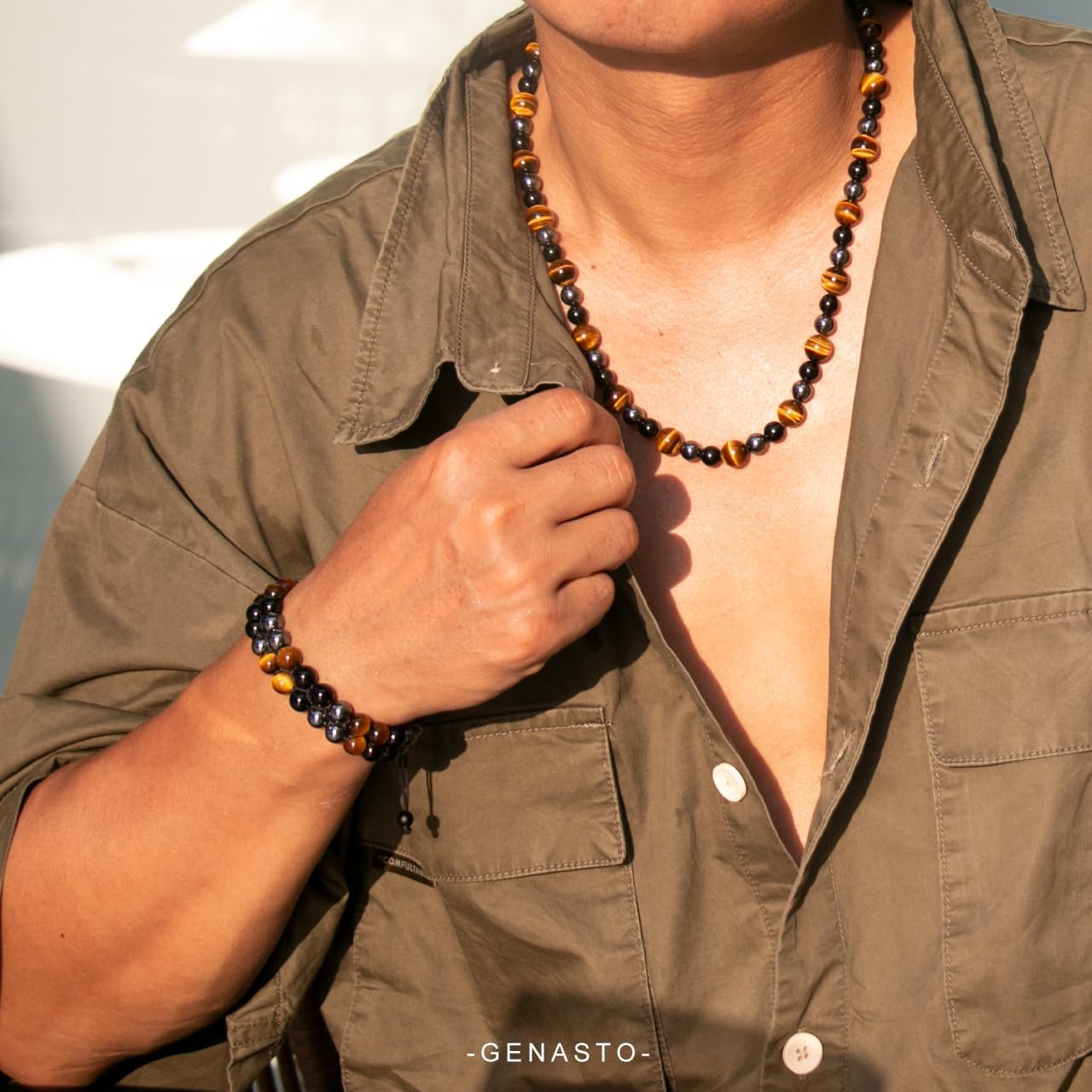 Detalle 2 de GENASTO Healing Crystal Necklace: Black Obsidian, Tiger Eye & Hematite for Triple Protection
