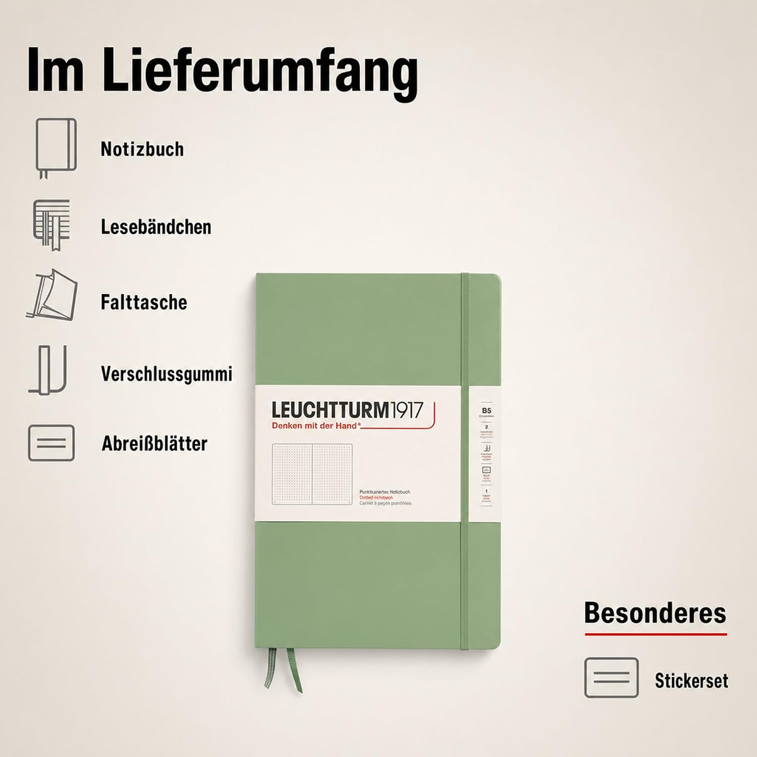 Thumbnail 6 de LEUCHTTURM1917 366172 anteckningsbok B5, inbunden, prickad och salviagrön