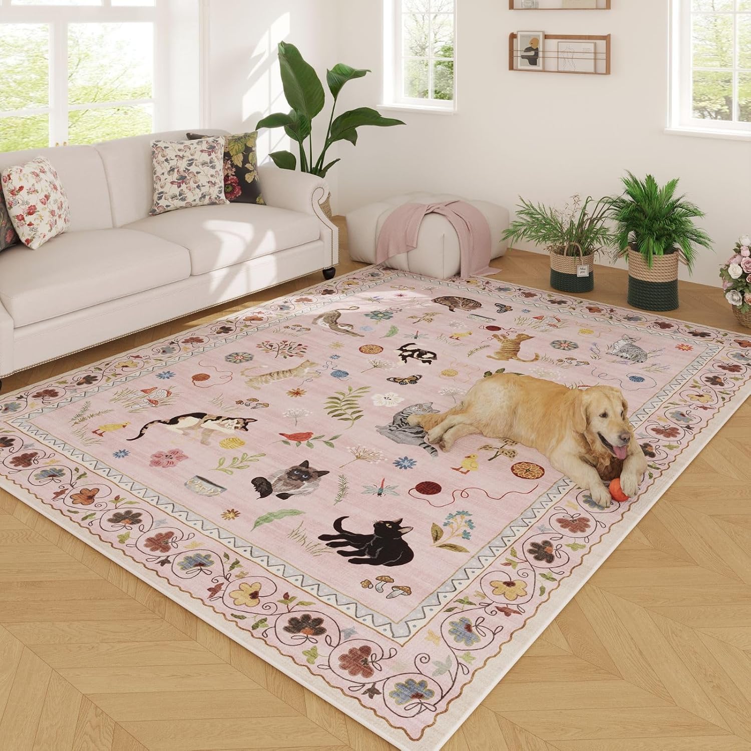 Thumbnail 1 de Rugcomf Boho Floral Animal Living Room Rug, 5x7 Machine Washable Low Pile (Pink)