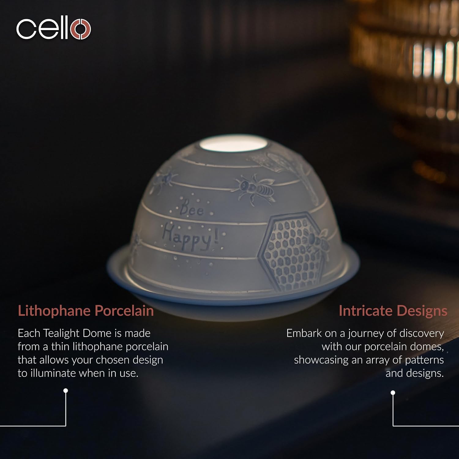 Thumbnail 1 de Cello Porzellan-Teelichthalter „Kuppel“ mit 3D-Projektionsbild – Bee Happy Design