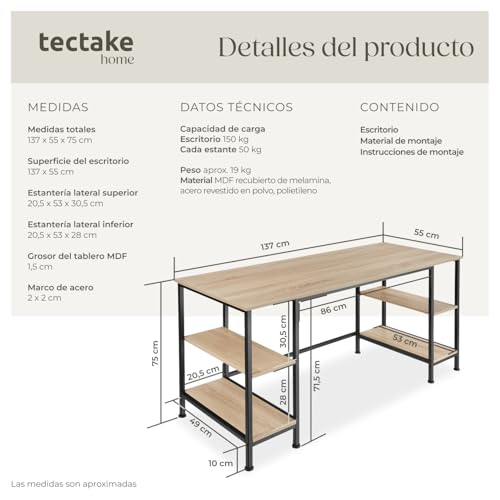 Detalle de tectake® Mesa Comedor Industrial de Madera Clara