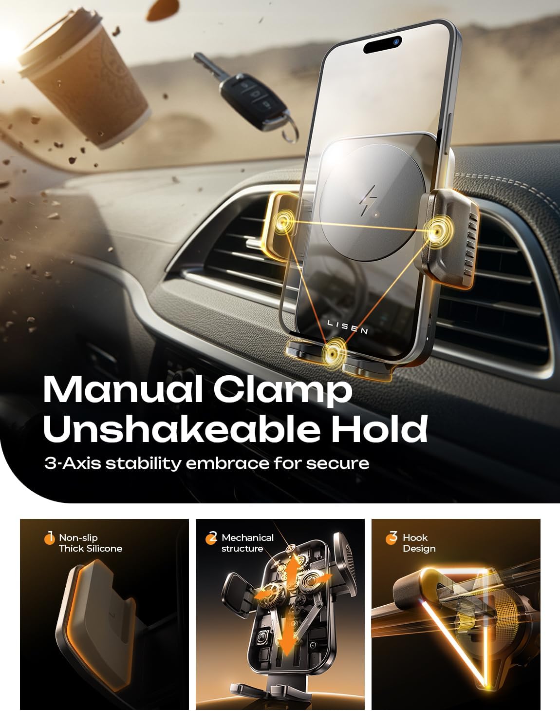 Detalle 2 de LISEN Car Phone Holder Wireless Charger (No Shake) 15W – Secure, Vent‑Safe Wireless Car Charger