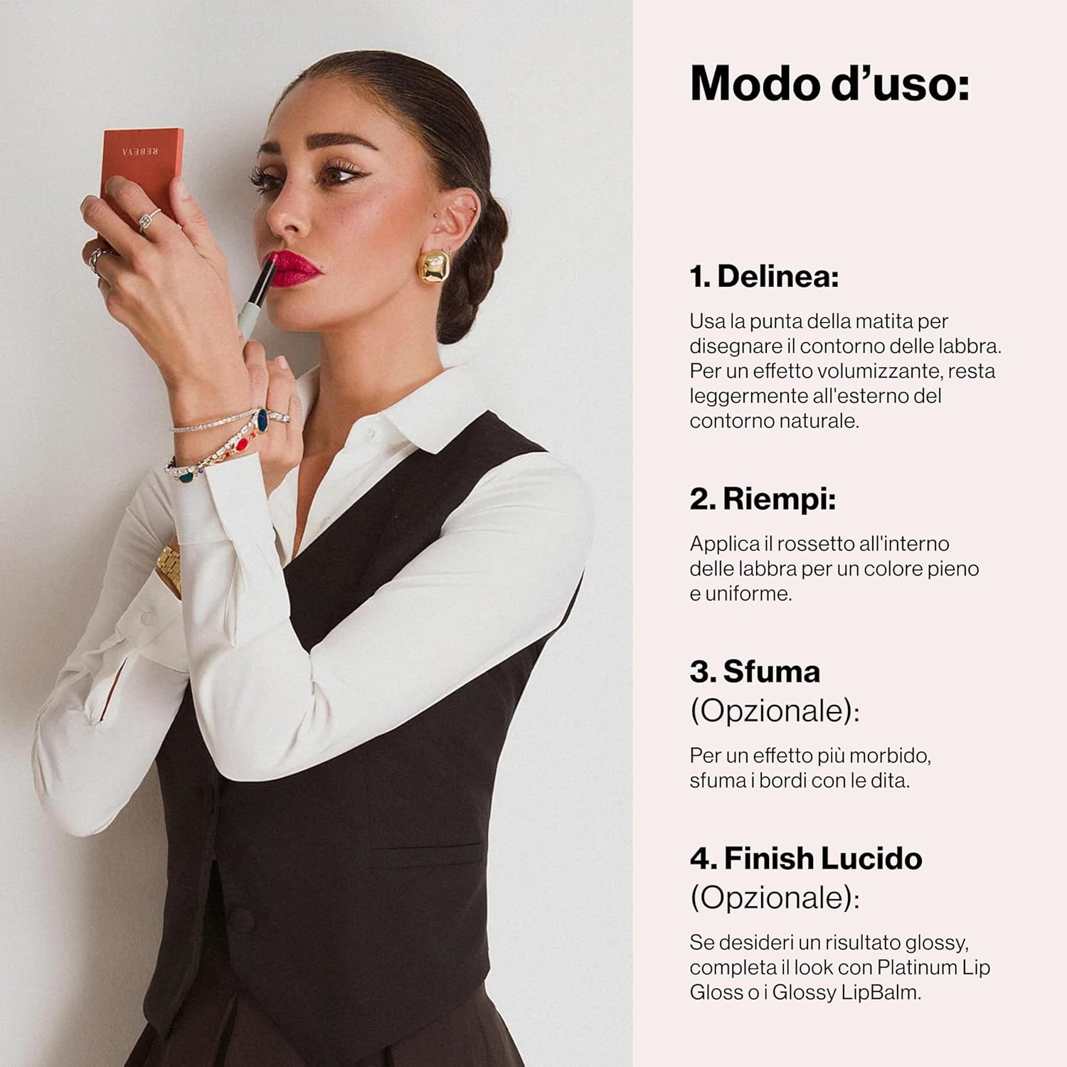 Detalle de REBEYA CANTO LIBRE – Double Lip Liner Rosso 02: contorno e rossetto in 1 passa