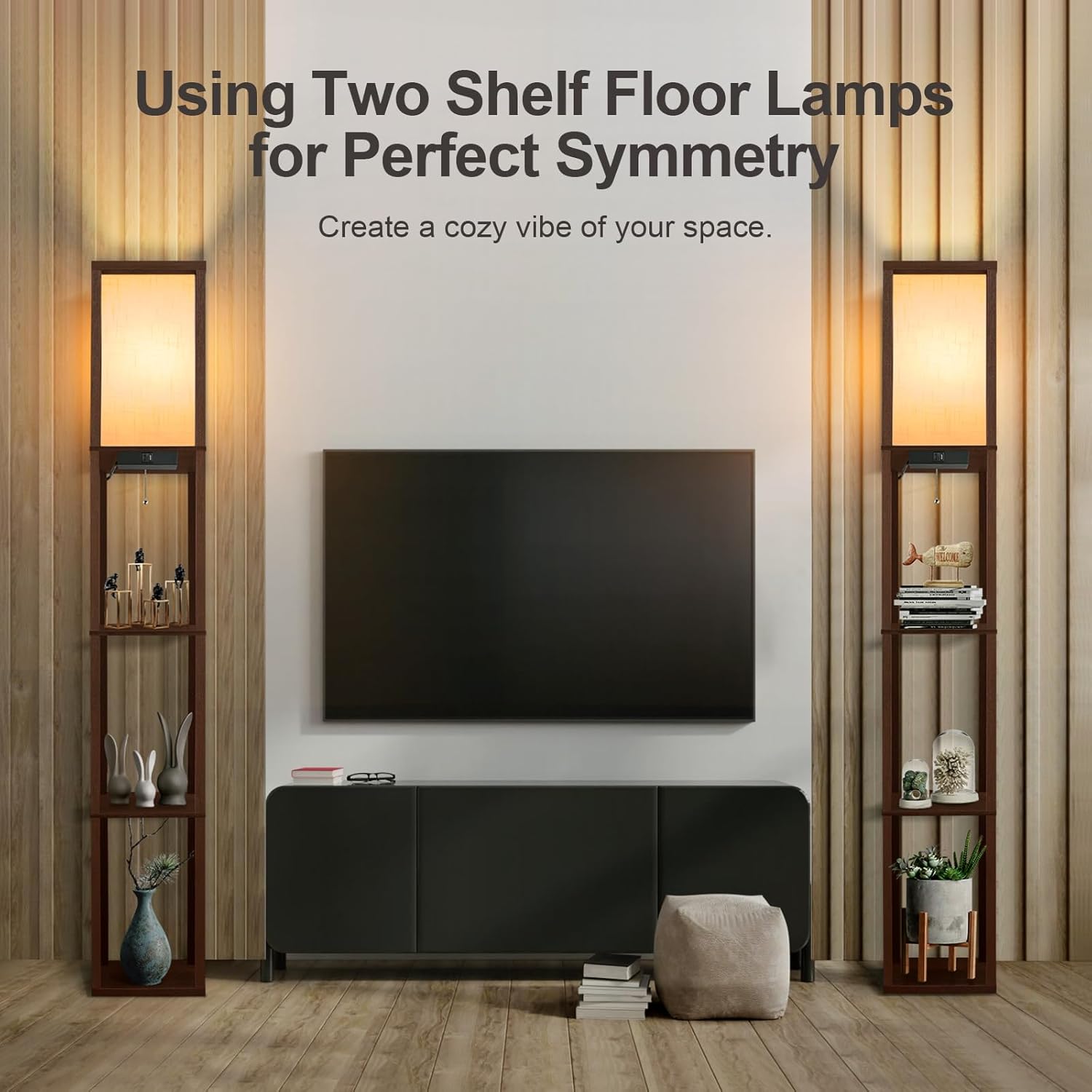 Thumbnail 6 de OUTON Floor Lamp with Shelves (Walnut Brown) – LED Column with USB & Type-C Ports, 3 Colour Temperature