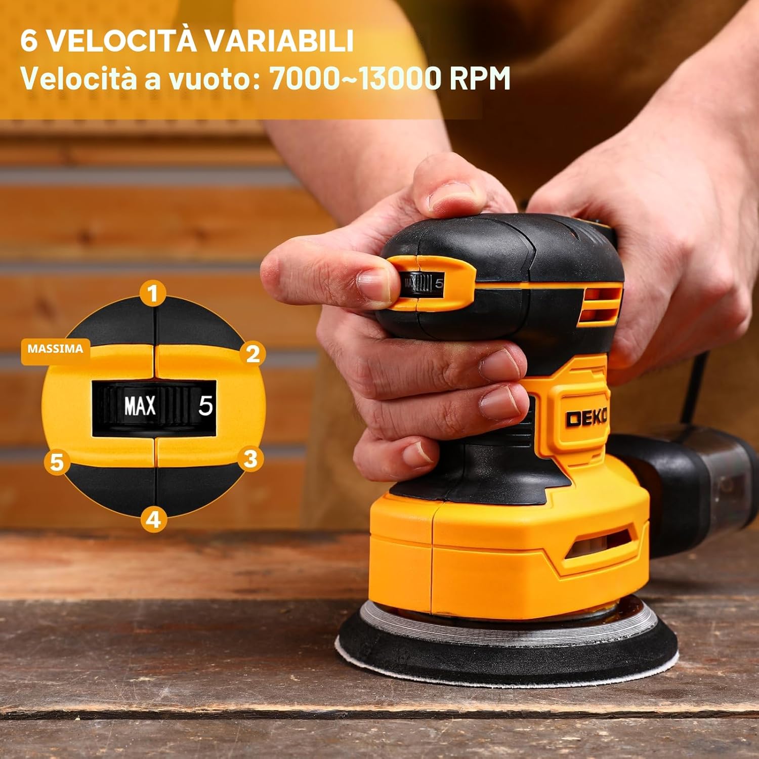 Thumbnail 6 de DEKOPRO 3-IN-1 Levigatrice Orbitale: Levigatrice Multifunzione 300W, 6 velocità, 13000 RPM e 15 fogli inclusi