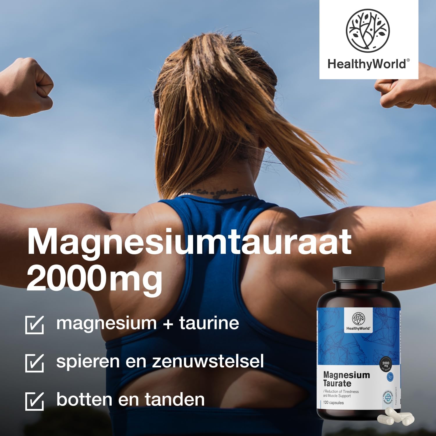 Detalle de HealthyWorld Magnesiumtauraat 2000 mg, 120 plantaardige capsules met taurine