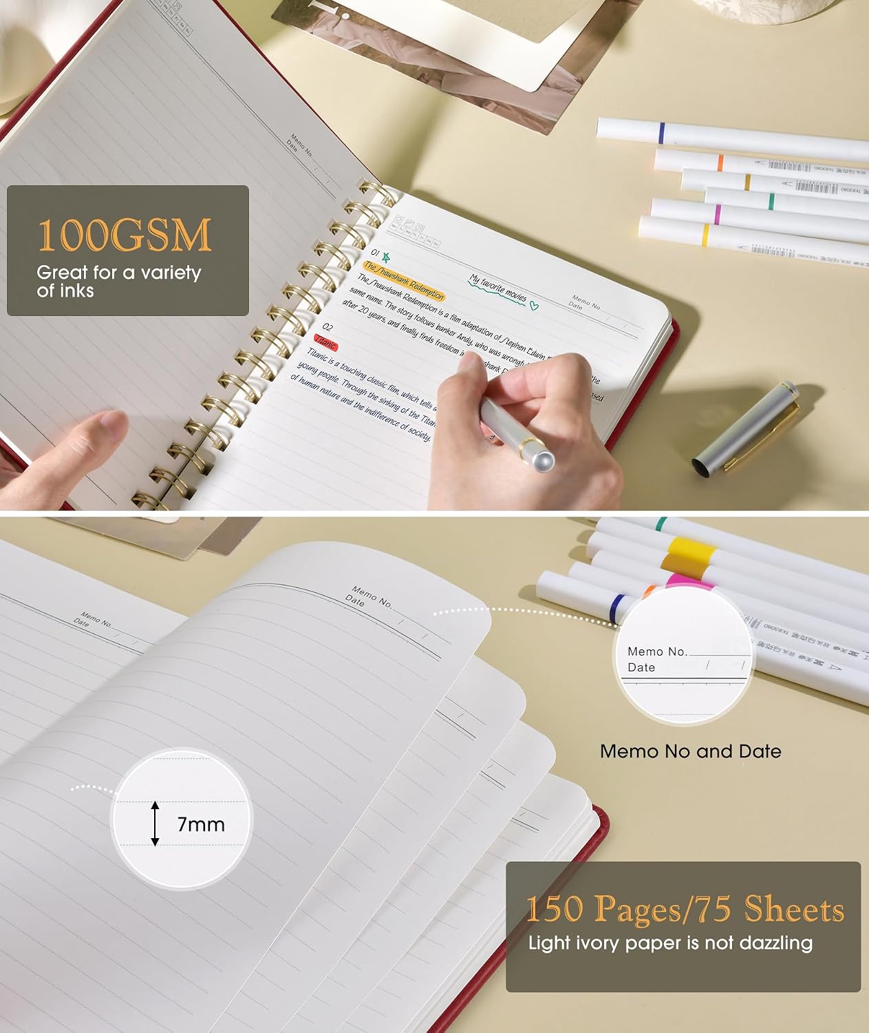 Detalle de PAPEJOON A5 Spiral Journal Notebook, Wine Red, 150 Numbered Pages, 100 GSM Paper