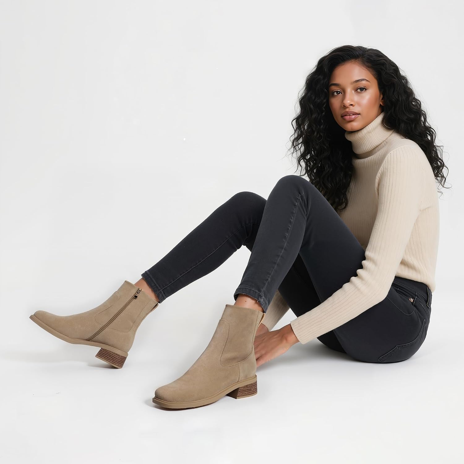 Detalle 1 de QIY Square-Toe Stretch Ankle Boots for Women with 1.57-Inch Low Heel