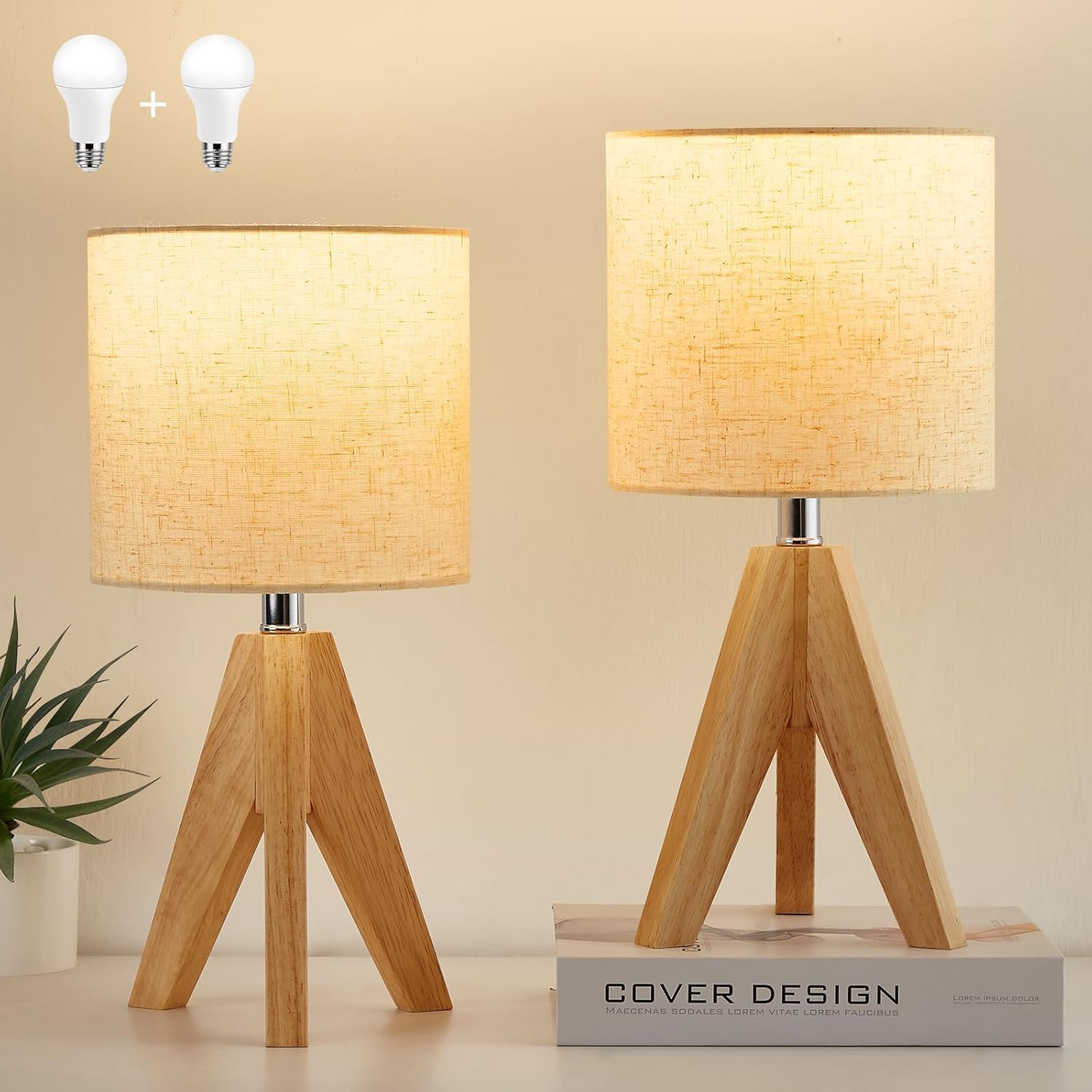 Detalle de Maichixin XLGZ-T1-005XX Wooden Tripod Table Lamps, 2-Pack with 3 Colour Temperatures