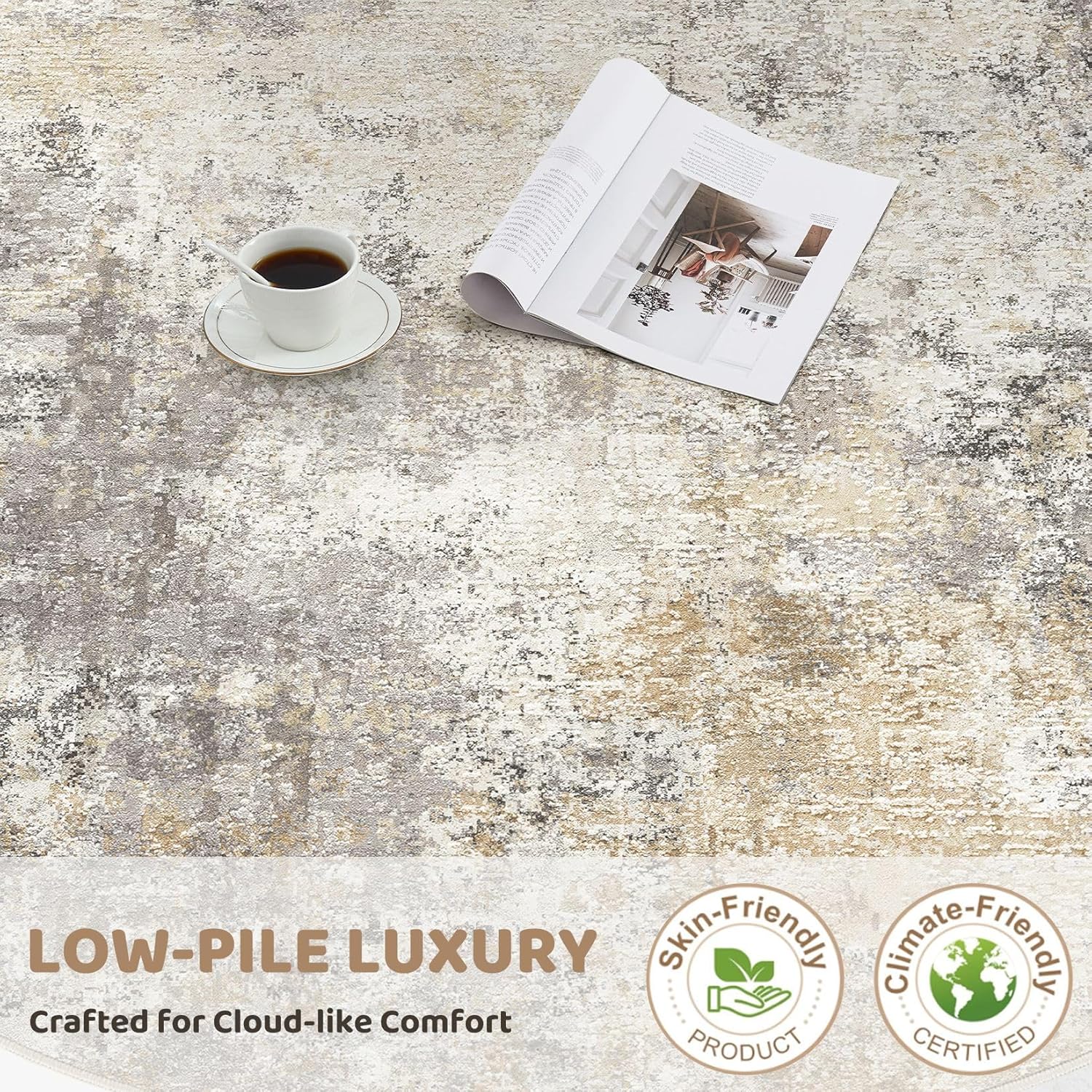 Thumbnail 4 de UERMEI 12x14 Neutral Abstract Washable Area Rug with Non-Slip TPE Backing (Golden Grey)