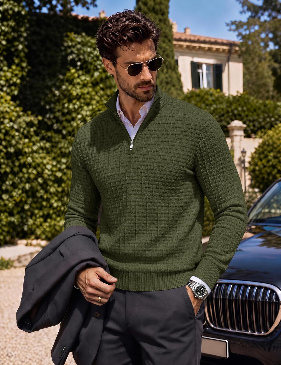 Thumbnail 1 de TACVASEN Men's Quarter-Zip Sweater, Textured Knit Mock Neck, Anti-Pilling Yarn