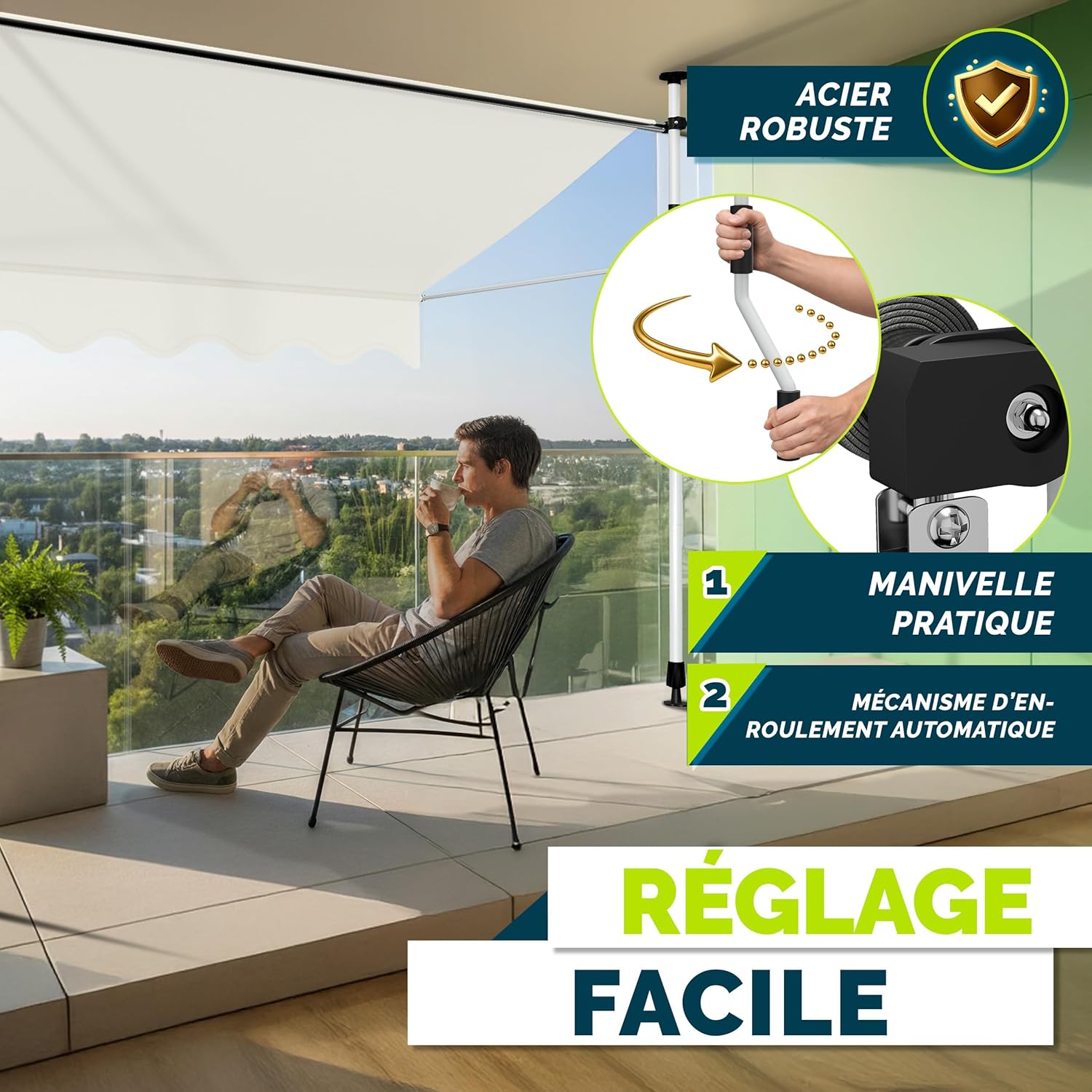Thumbnail 4 de Store banne manuel rétractable tillvex avec manivelle pour balcon (beige, 350 cm) sans percement