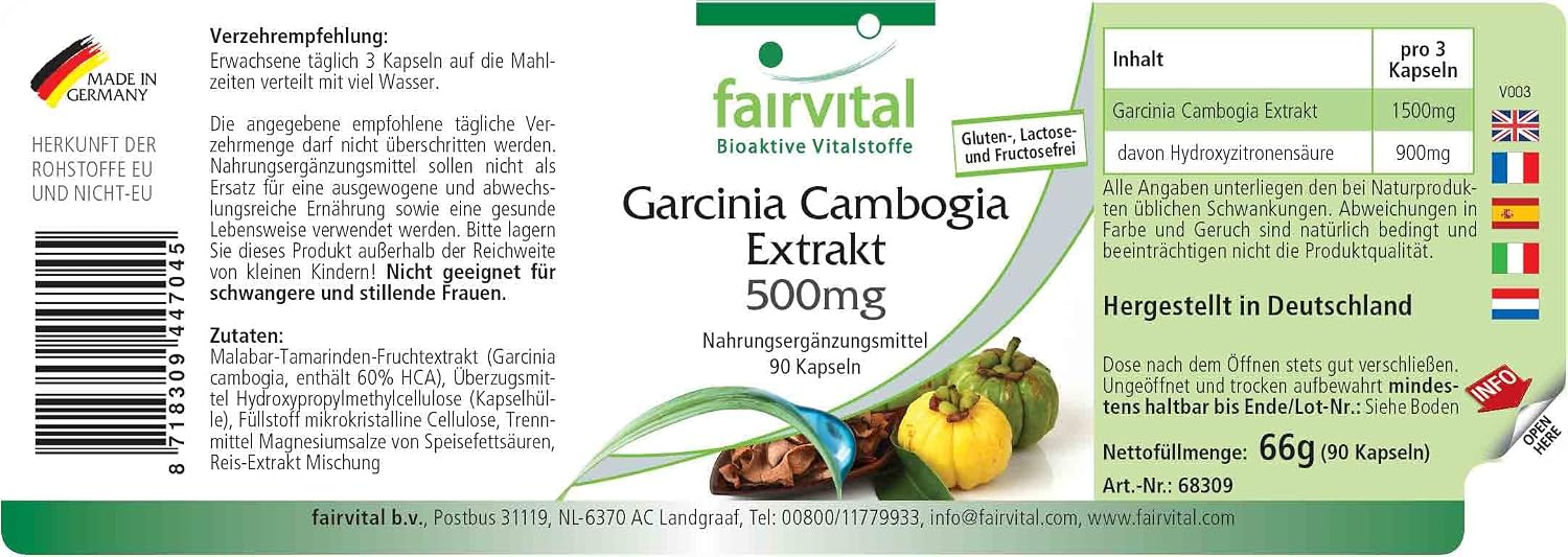 Detalle 2 de Fairvital Garcinia Cambogia Fruchtextrakt – 90 Kapseln, 1500 mg pro Tag, vegan, 60% HCA
