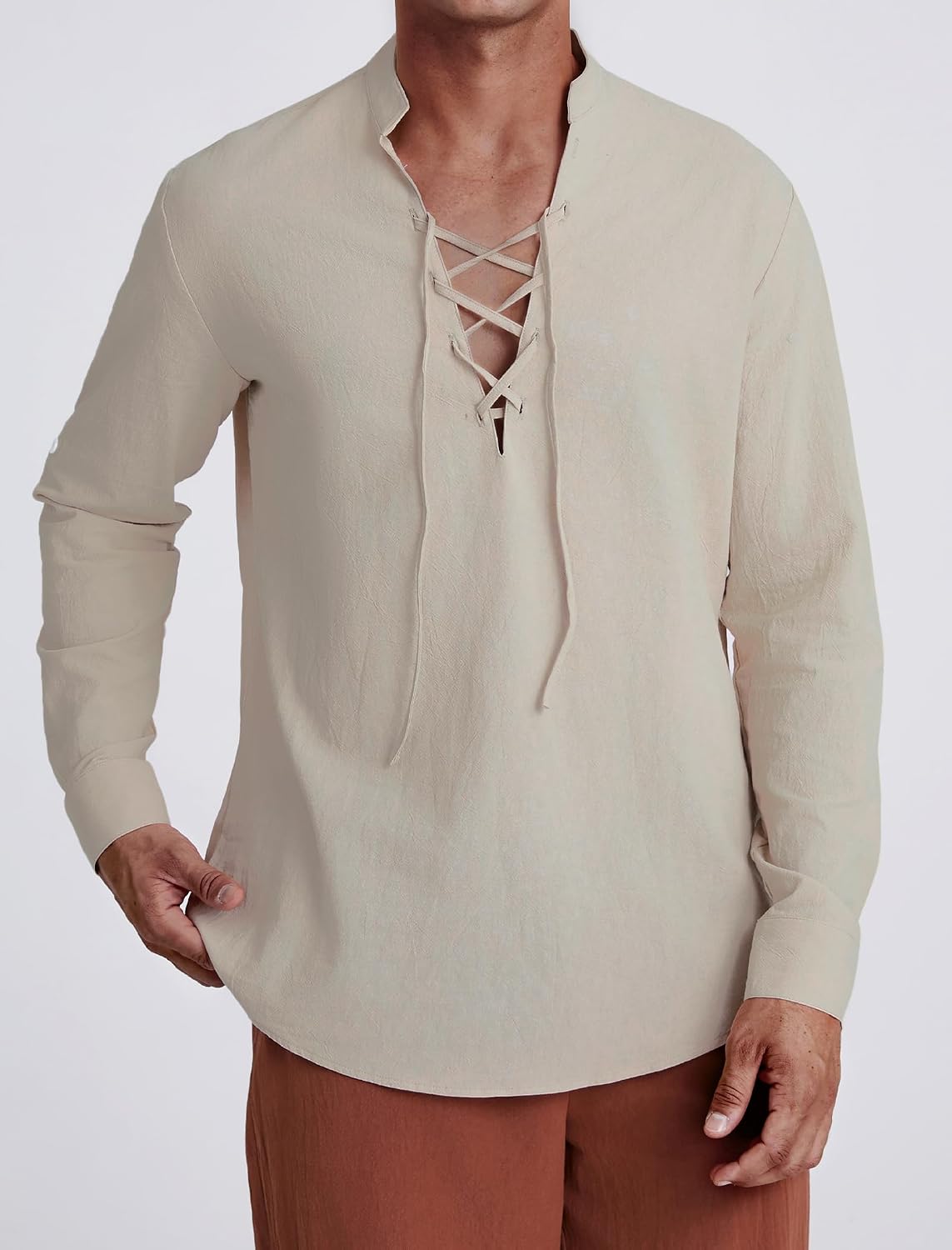 Detalle 2 de Enlision Men's Linen Shirt Classic Lace Up Long Sleeve – Vintage Medieval Inspired