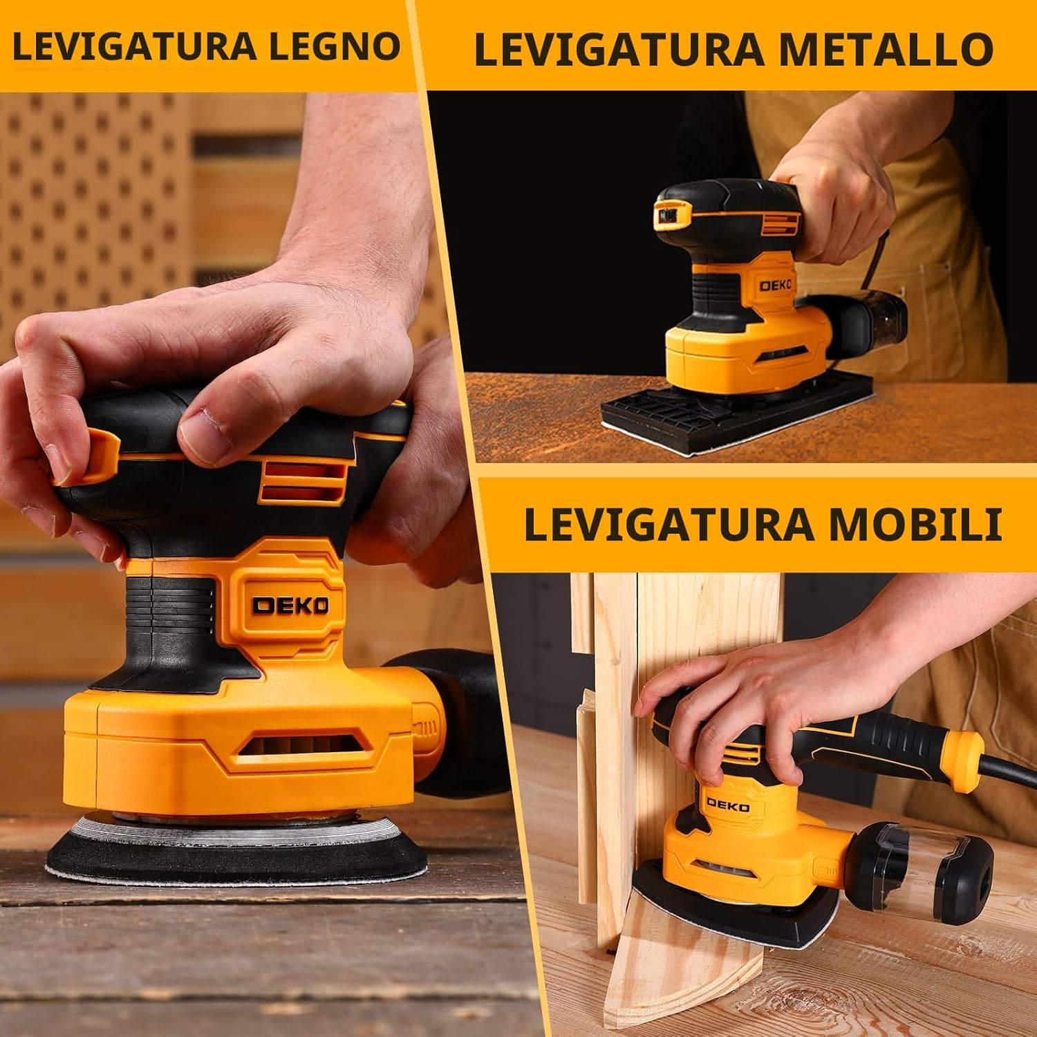 Detalle 2 de DEKOPRO 3-IN-1 Levigatrice Orbitale: Levigatrice Multifunzione 300W, 6 velocità, 13000 RPM e 15 fogli inclusi